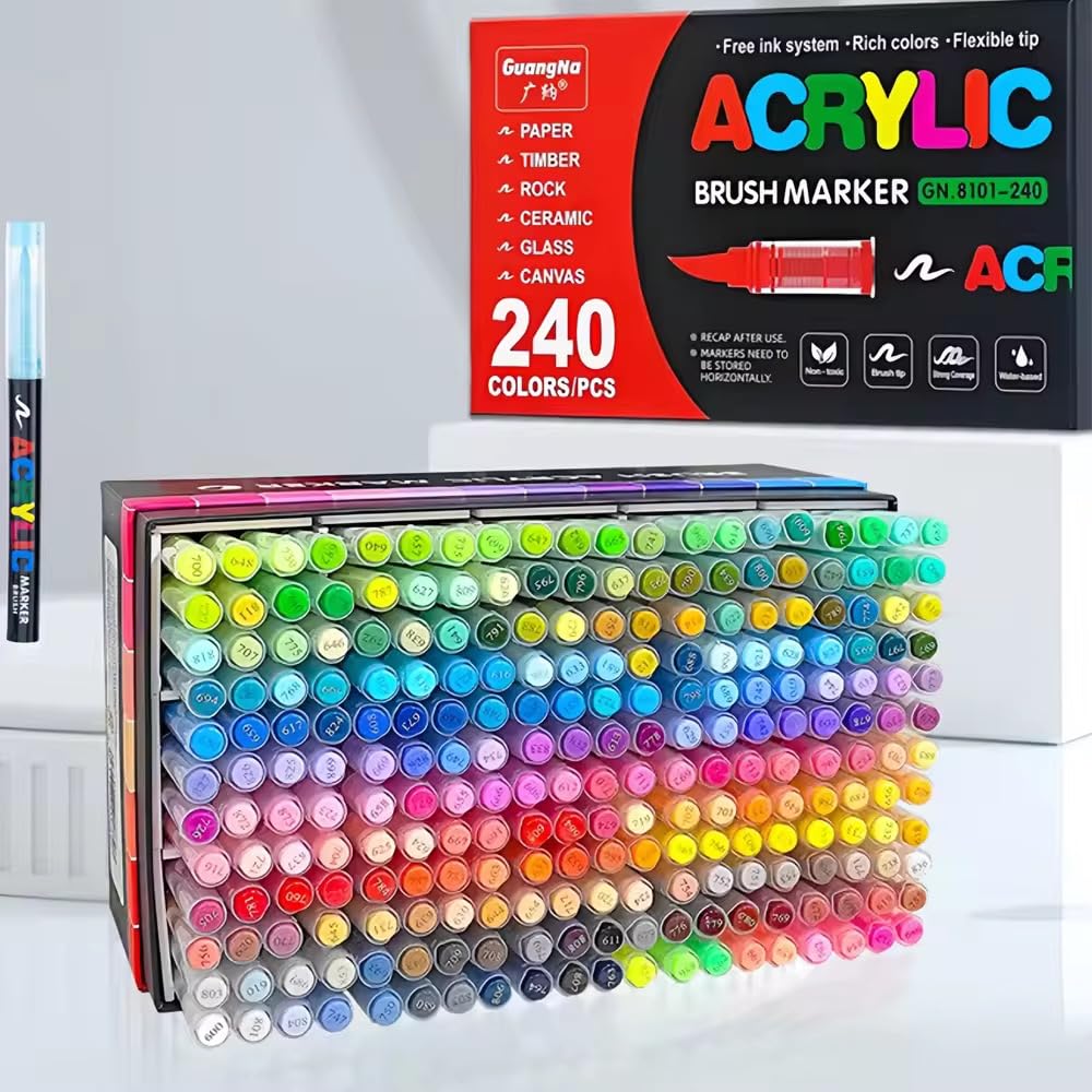 Guangna - Rotuladores acrílicos 240, punta fina flexible y precisa, tinta opaca superponible, cuaderno de colorear, vidrio, cerámica, roca, madera, piedra, pintura sobre tela (240)