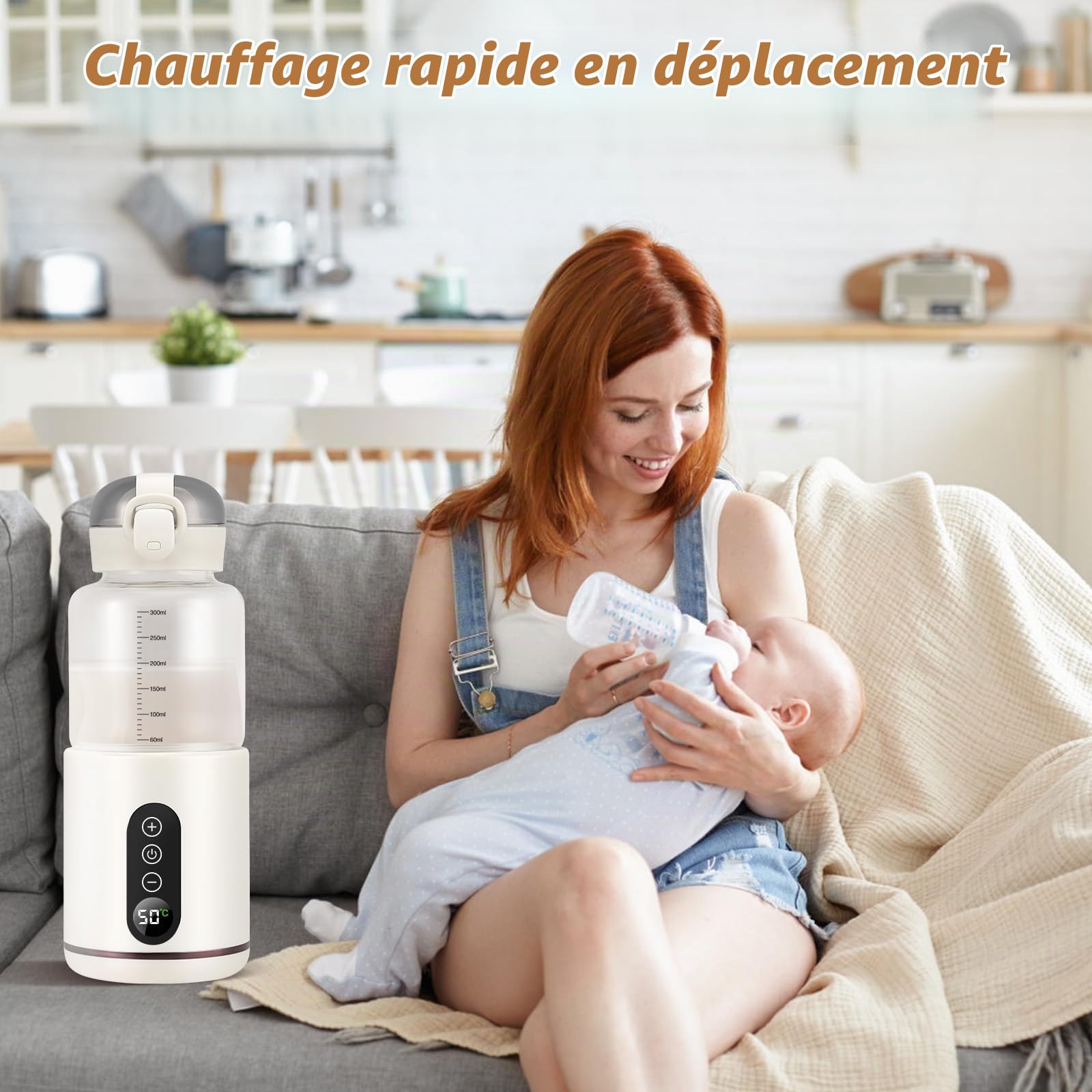 QCXWCJWD Chauffe Biberon Nomade Portable Température Réglable 37 à 55°C, 300ml Chauffe de Lait avec Ecran LCD, Chauffe biberon sans BPA pour Voyage Promenades Voiture, Blanc