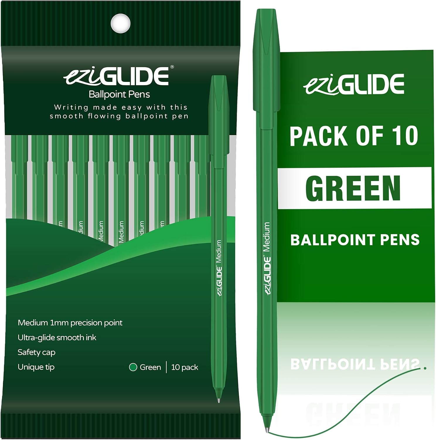 Eziglide Ballpoint Green Pens, Medium Point Nib (1.0mm),10-Pack