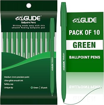 Eziglide Ballpoint Green Pens, Medium Point Nib 1.0mm,10-Pack