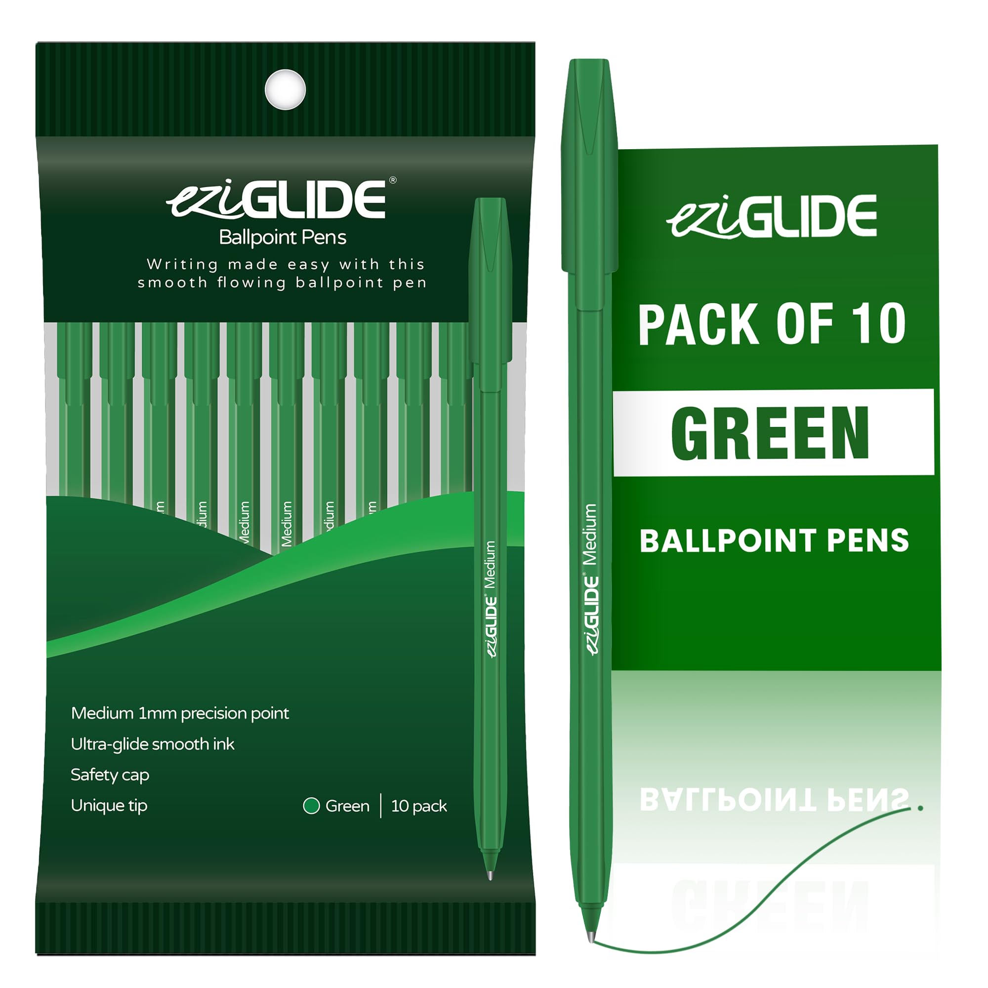 Eziglide 10-Pack Ballpoint Pens, Green - (1.0mm) Medium Point, Easy Grip