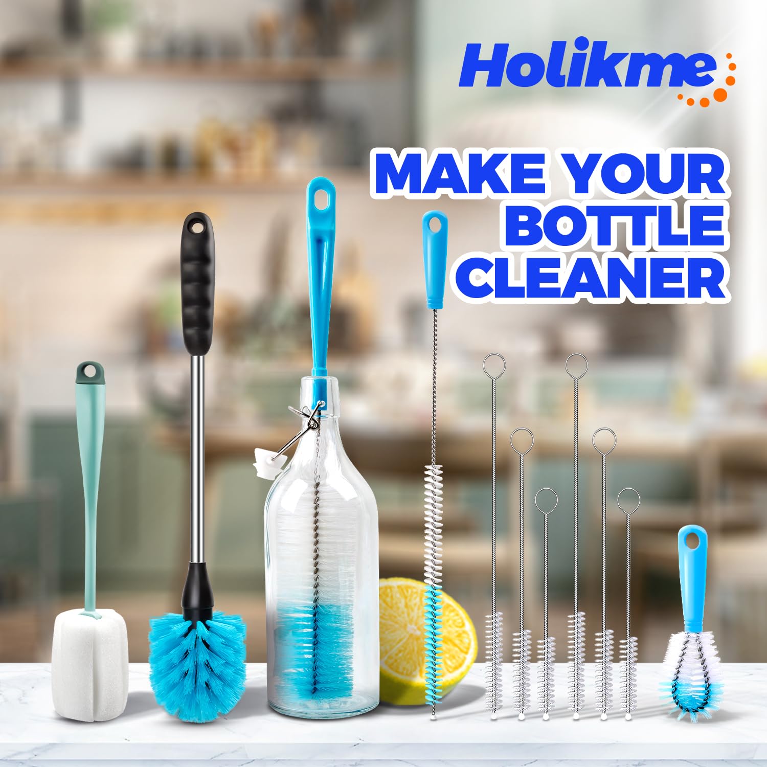 Holikme Bottle Brush Tube Cleaning Lab Set with Long Handle, Cup Cleaner for Washing Narrow Neck Beer Wine Decanter Pipes Lids Sinks Cap Covers,: Green