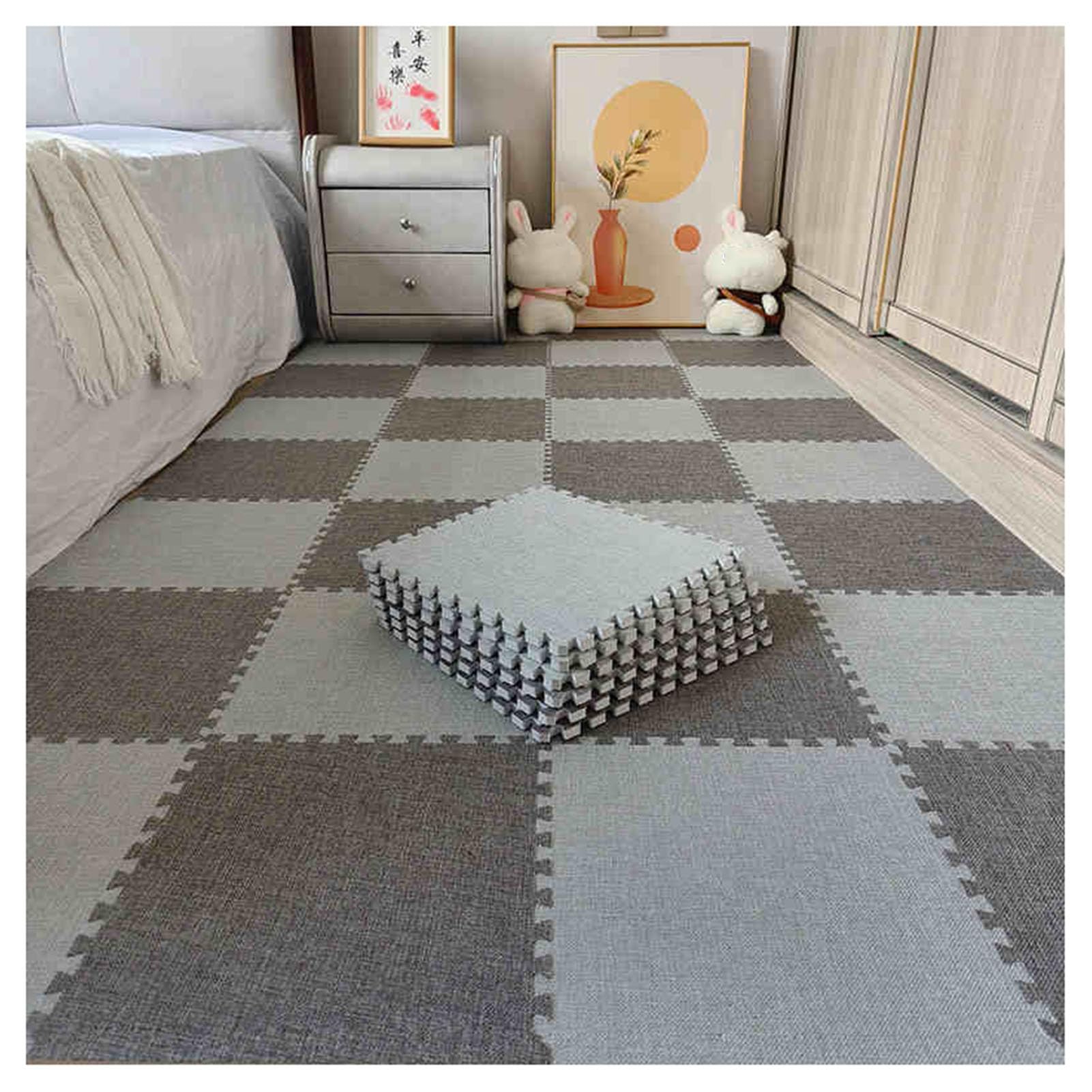 Tapis de sol en mousse avec bordure dalles de puzzle lin et coton gris 16 pcs