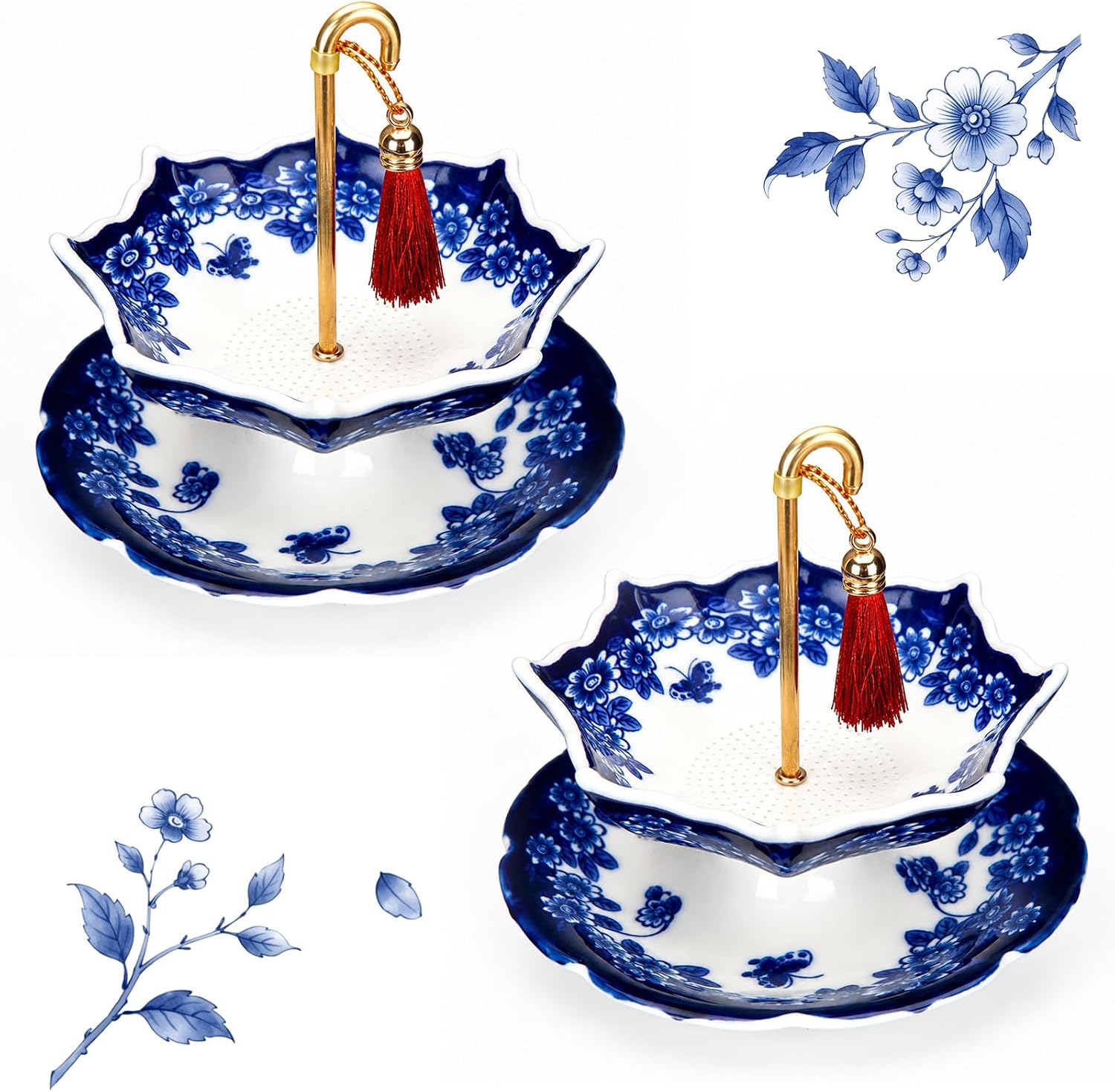 2 Pack Umbrella Tea Strainer Blue and White Porcelain Teas Strainer Umbrella Shape Ceramic Tea Infuser with Rotating Design Multi Purpose Infuser for Kung Fu, Coffee, Brewing