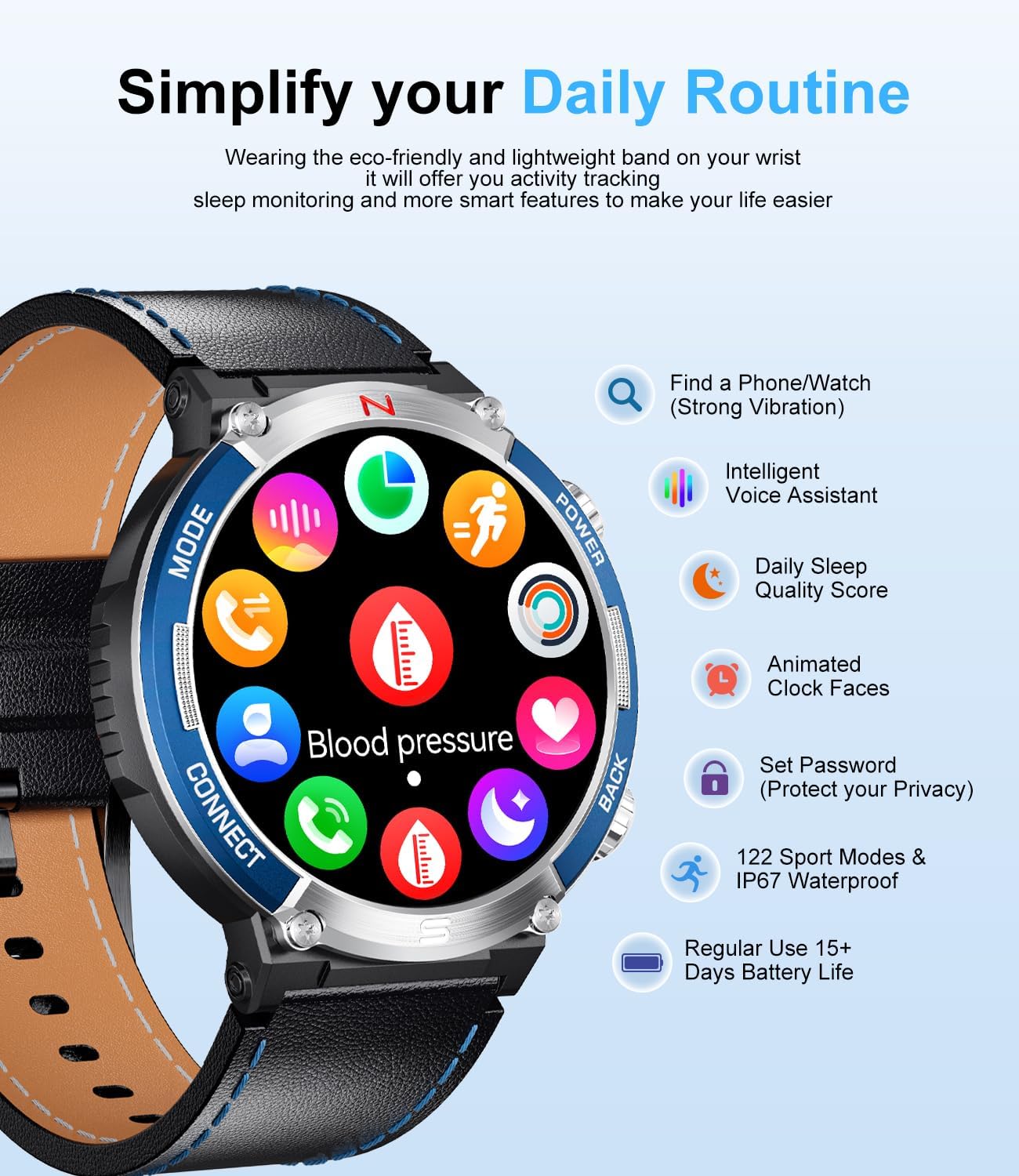 LIGE Smartwatch displaying various app icons for features like find phone, voice assistant, sleep score, and sport modes.