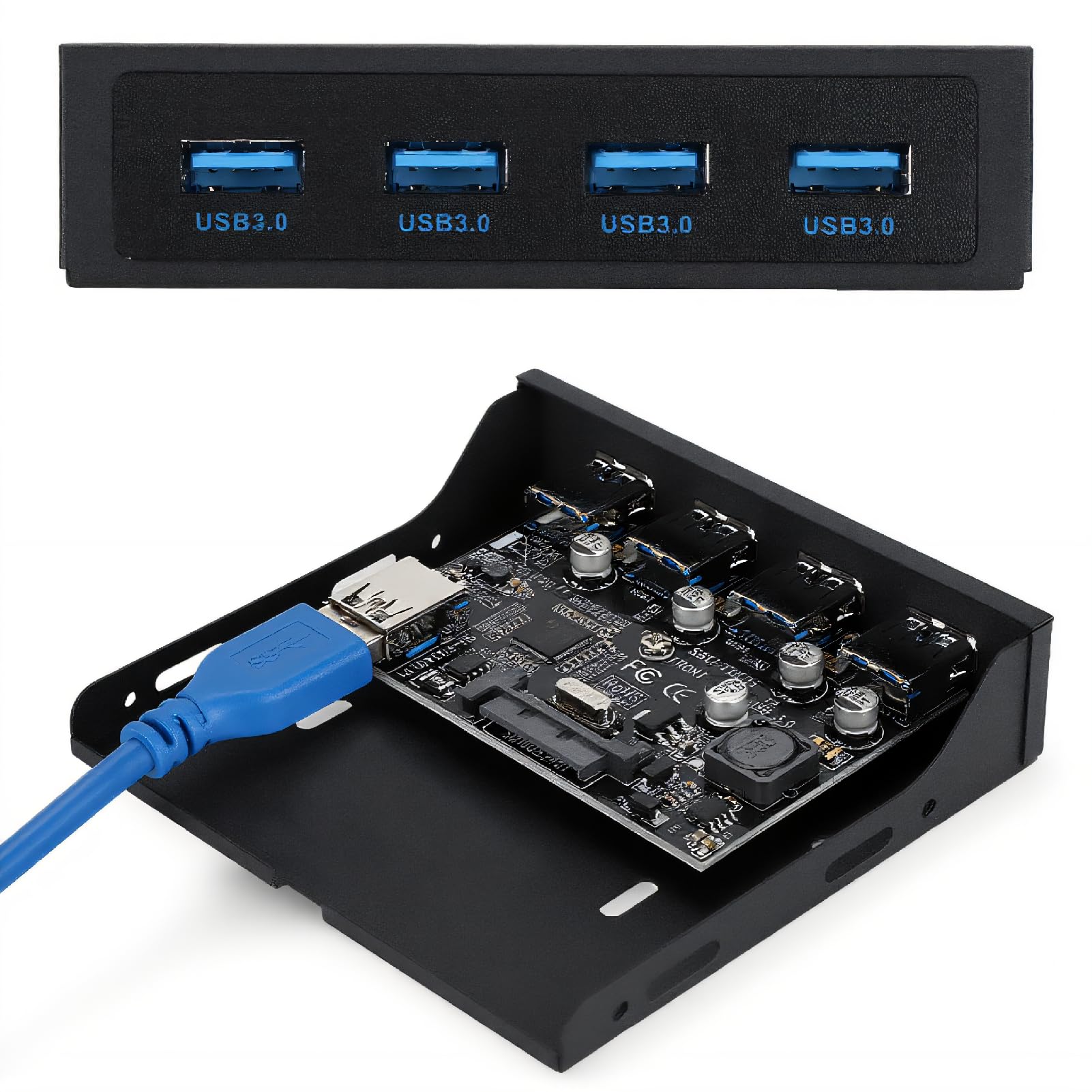Panel Frontal USB PCI-E a 4xUSB3.0 para Chip Tarjeta de extensión Frontal Adaptador de bahía Flexible Tarjeta Vertical de expansión con Interfaz de alimentación SATA Negro