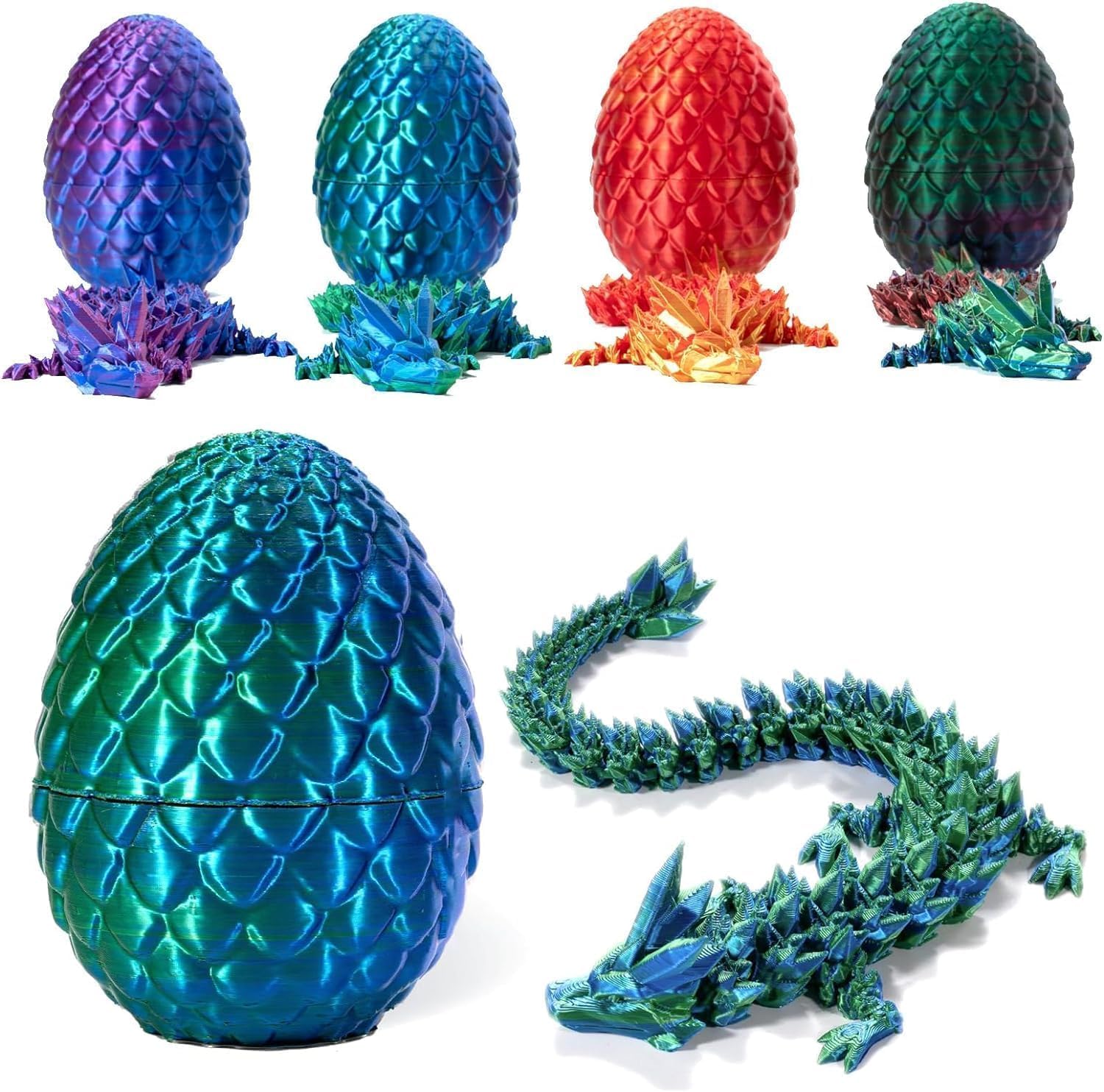 3D Printed Dragon in Egg, Full Articulated Crystal Dragon with Flexible Joints - Home Decor Executive Desk Toys for Autism/ADHD (Green)