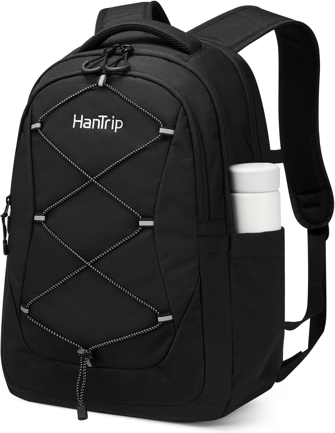 Travel Laptop Backpacks for Women Men, Large Work Backpack for Commuter College School Book Bags, Reflective Water Resistant Backpack with Luggage Strap Water Bottle Pocket Chest Strap, Black