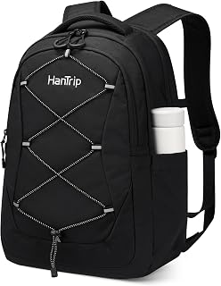 HanTrip 18 Inch Carry on Travel Backpack with Water Bottle Pocket, Black | 15.6 Inch Laptop Sleeve, Lots of Pockets, Chest / Luggage Strap, Lightweight, Water Resistant, 18x14x8 Medium Bookbag, 30L