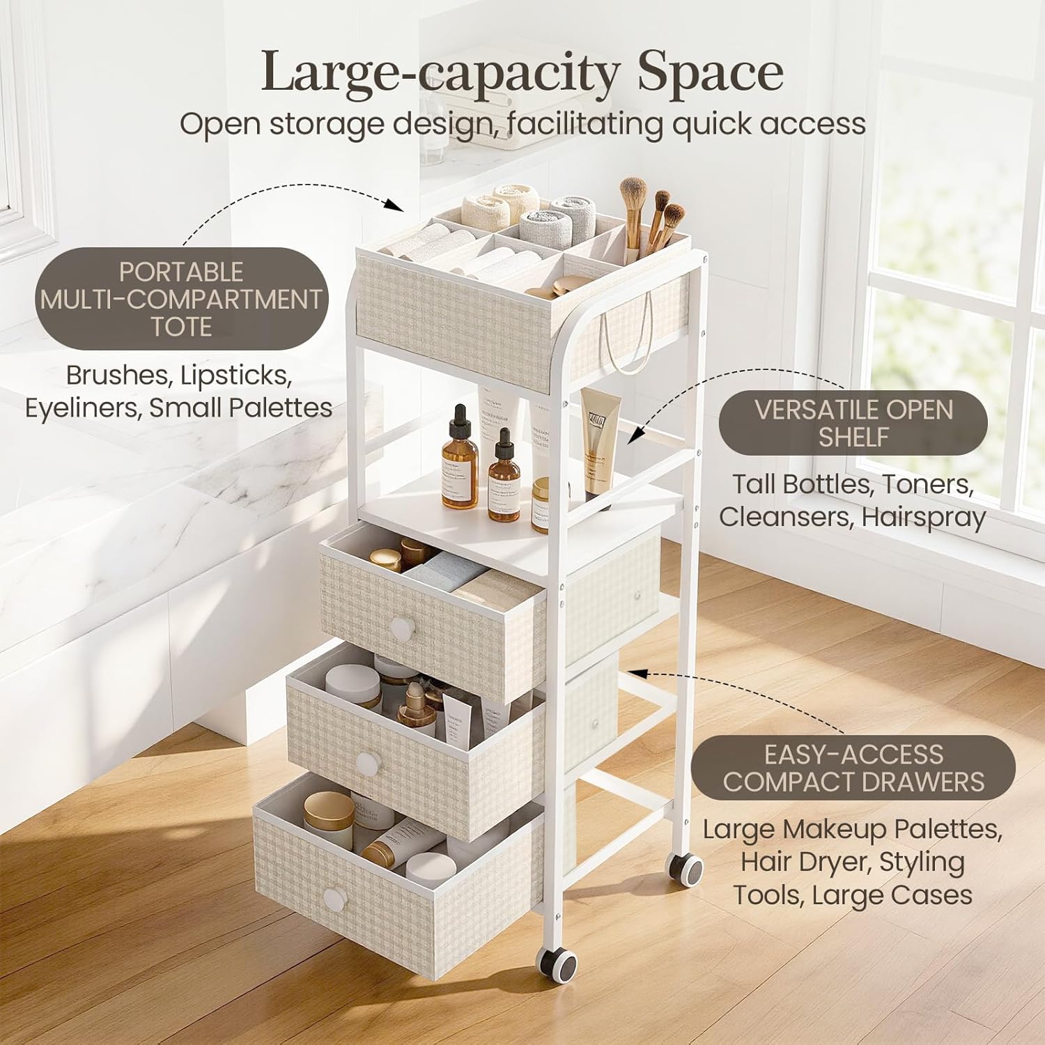 2-in-1 Makeup Organizer Cart with Removable Travel Cosmetic Bag, 5 Tier Rolling Makeup Cart on Wheels with Drawers, Floor Cosmetic Display Cases Holder for Vanity Skincare Perfume Nail Polish Storage