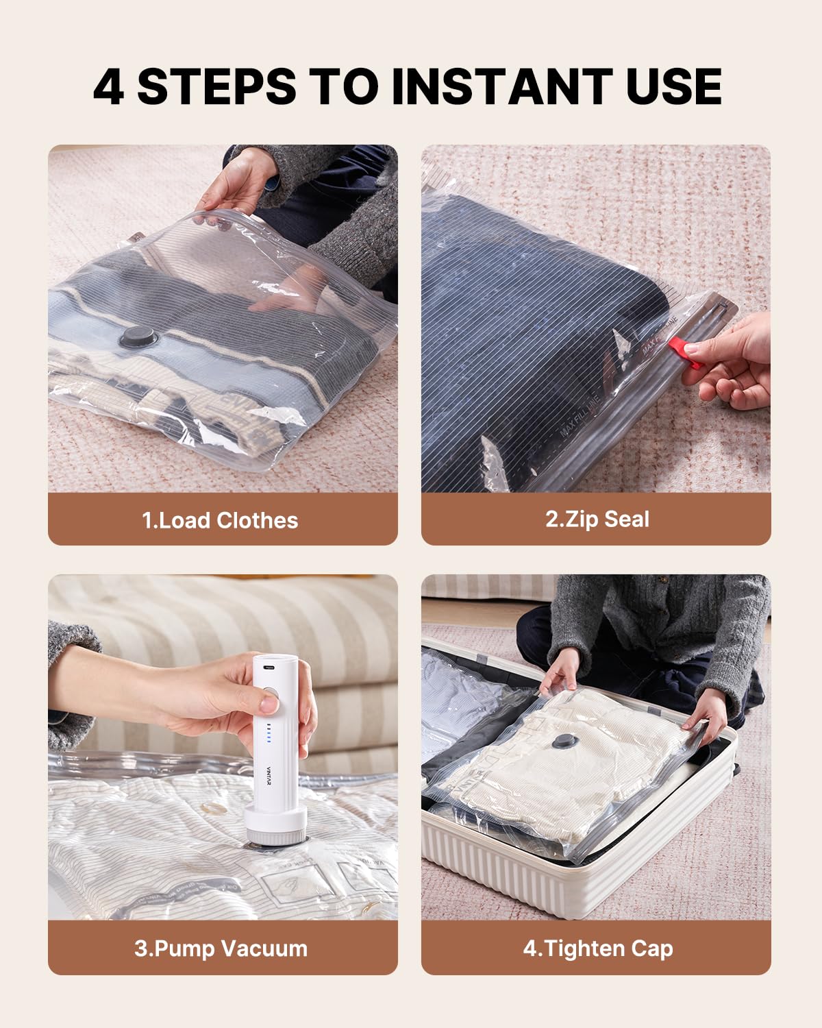 VINTAR - Bolsas de sellado al vacío para ropa de viaje, paquete de 24 bolsas de almacenamiento al vacío con bomba inalámbrica recargable, bolsas de ahorro de espacio (6 jumbo, 6 grandes, 6 medianas y