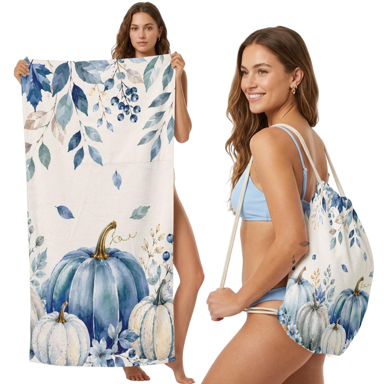 FWJZDSP 2-in-1 Beach Towel Backpack,Fall Pumpkin Leaf Flower Berry Bath Towel with Built-in Storage Thanksgiving Botanical Convertible Foldable Beach Blanket for Travel Pool Gym Camping Swim,31x63in