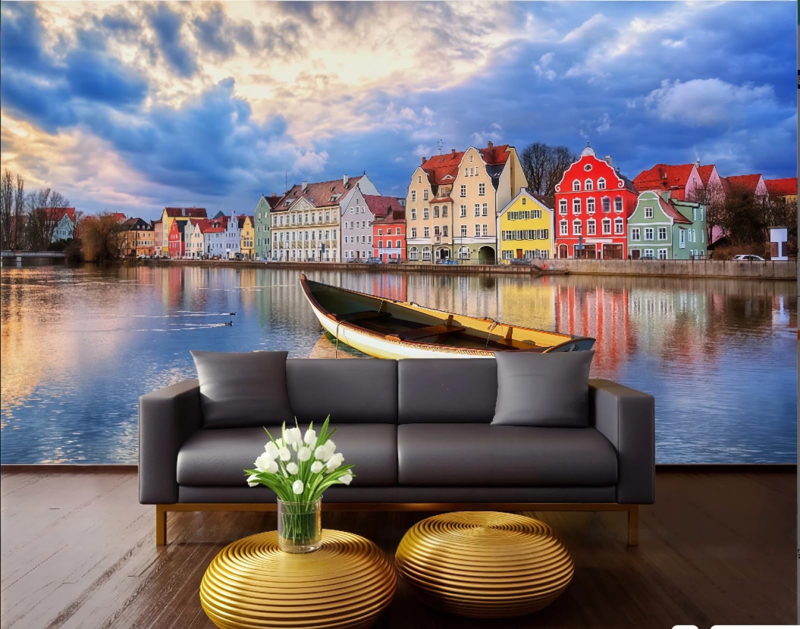 Xdoubao 3D Wallpaper Retro Nostalgic Coastal City Scenery Oil Painting Dessert House Coffee Shop Background Mural Western Restaurant Wallpaper,,300X210cm