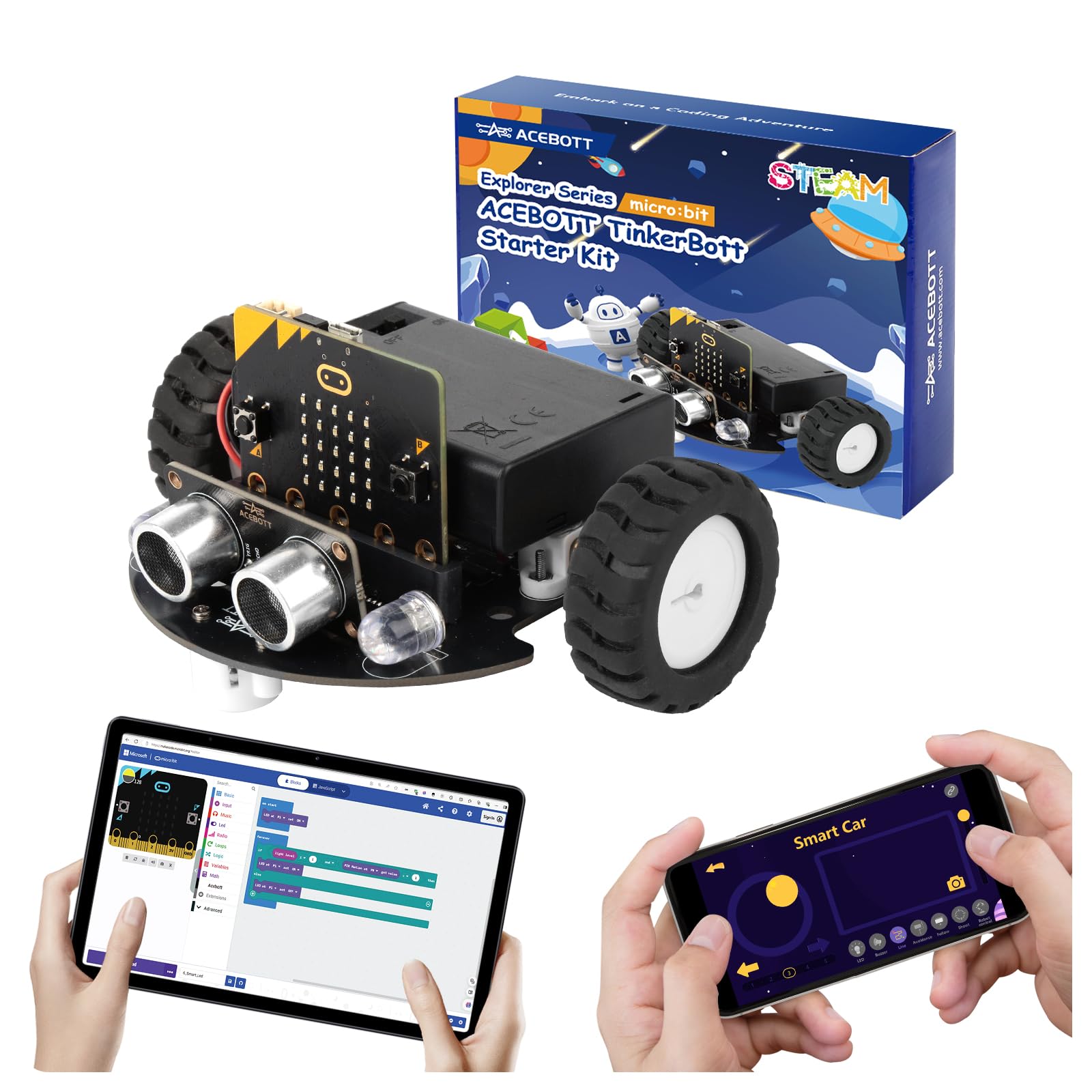 ACEBOTT Robotics for Kids Ages 8–12 12-16, Smart Robot Car Kit Compatible with BBC Micro:bit V2,STEM Toys Coding Robot Kit Compatible with LEGO,Gift for Kids and Teens(Included Micro:Bit)