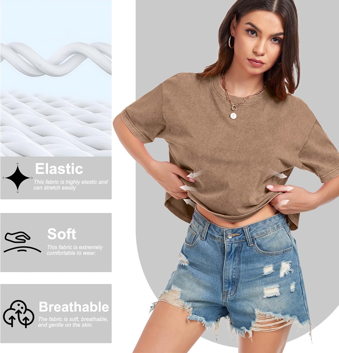 Womens Crop Tops Acid Wash Short Sleeve T-Shirts Casual Round Neck Basic Tees Baggy Summer Shirts - Image 4