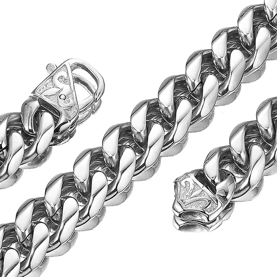 12mm Polishing Silver Stainless Steel Curb Cuban Link Chain Necklace Men's Jewelry.(18", 12MM)