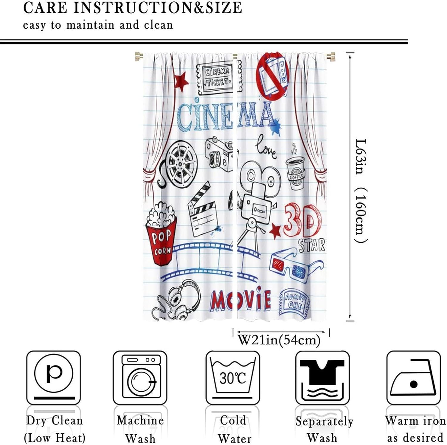 Abstract Movie Theater Themes Rod Pocket Blackout Curtains - Watercolor Cinema Film Production Accessories Window Treatment Set Energy Saving Thermal Insulated Drapes 2 Panels 63L x 21W