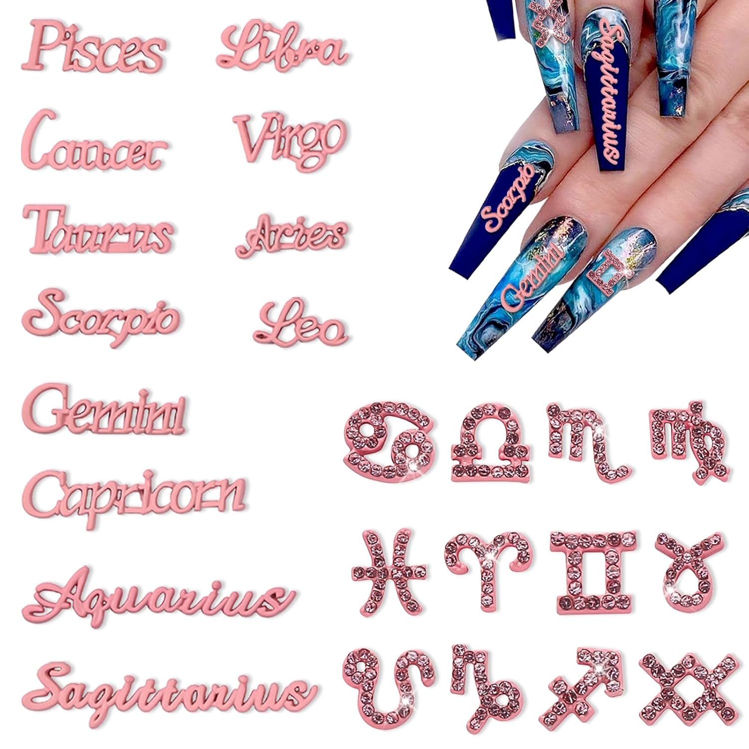 48 Pieces Gold and Silver Alloy Zodiac Nail Charms Zodiac Signs Nail Studs Constellation Words Charms for Nails Twelve Constellation Nail Charms Set for Women Girls Nail Art Decoration