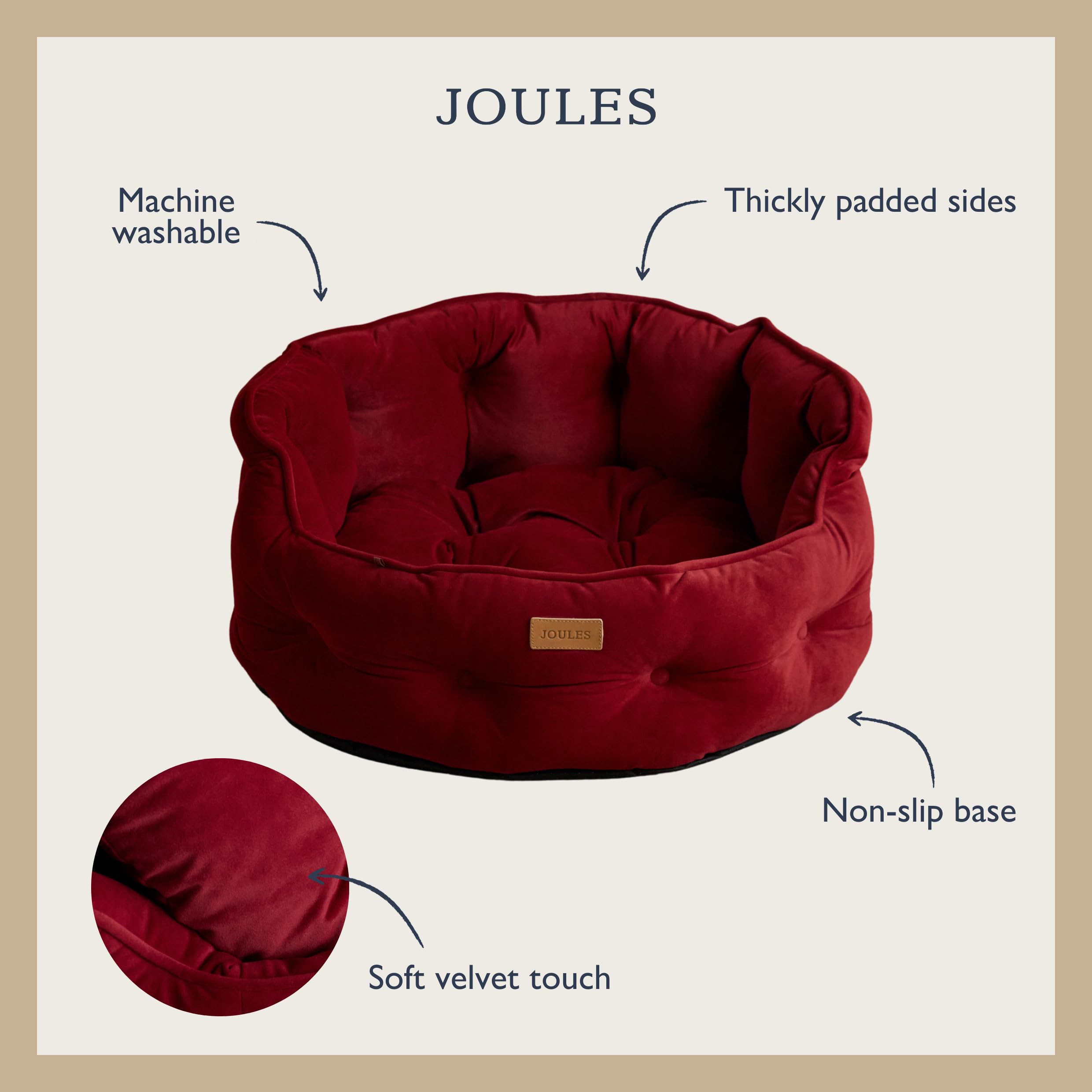 Rosewood x Joules - Cama Chesterfield para Mascotas, Grande, Cama de Terciopelo de Lujo para Perro con Base Antideslizante, Acolchado Adicional y cojín de Apoyo, diseño Elegante Inspirado en el sofá