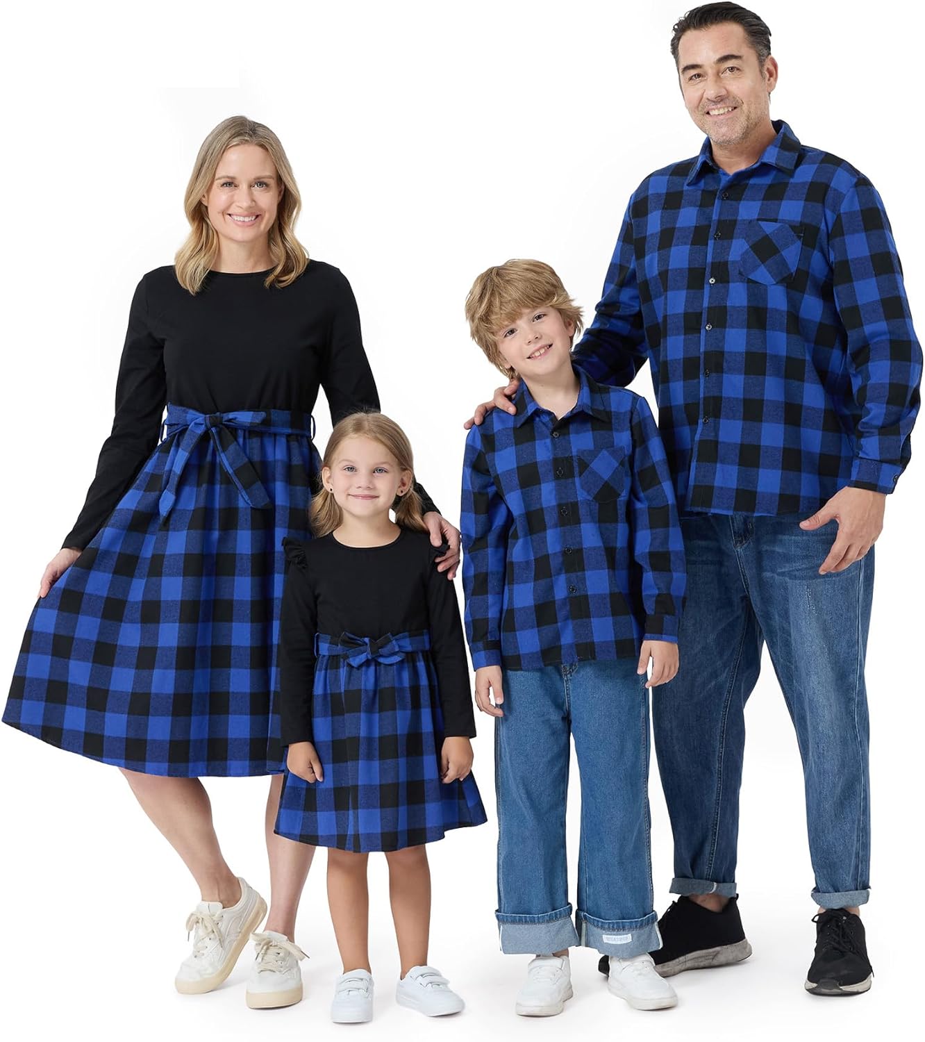 PATPAT Family Matching Outfits Mommy and Me Dresses Matching Set Long Sleeve Plaid Midi Dress and Casual Button Down Shirts