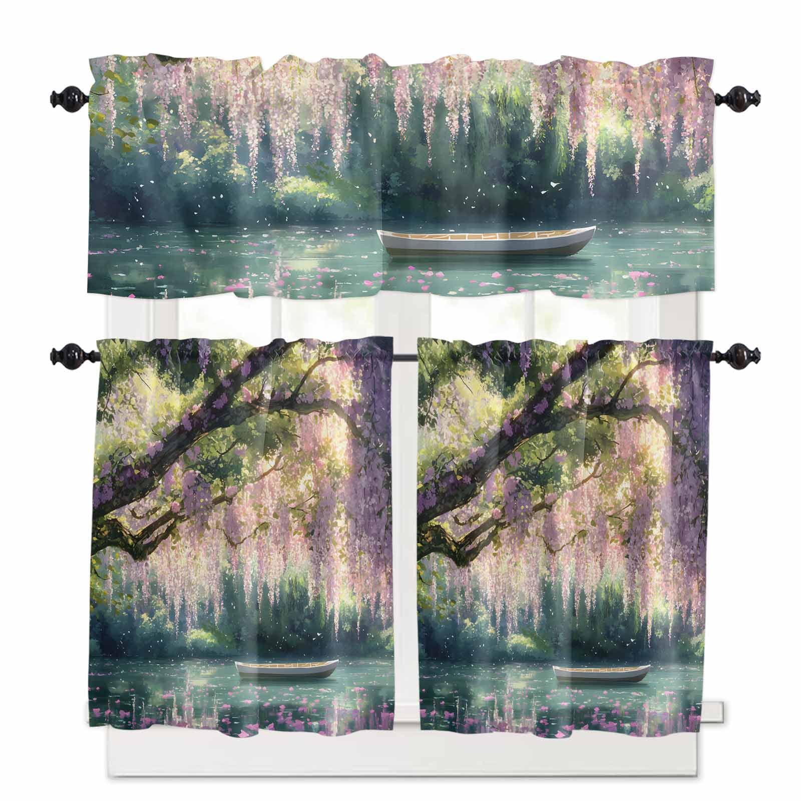 Forest Boat Kitchen Curtains 24 Inch Length,3 Piece Rod Pocket Small Half Tiers and Valance Set,Green Tree Flowers Floral Wilderness Scenery Small Large Window Treatment Decor for Bedroom/Bathroom