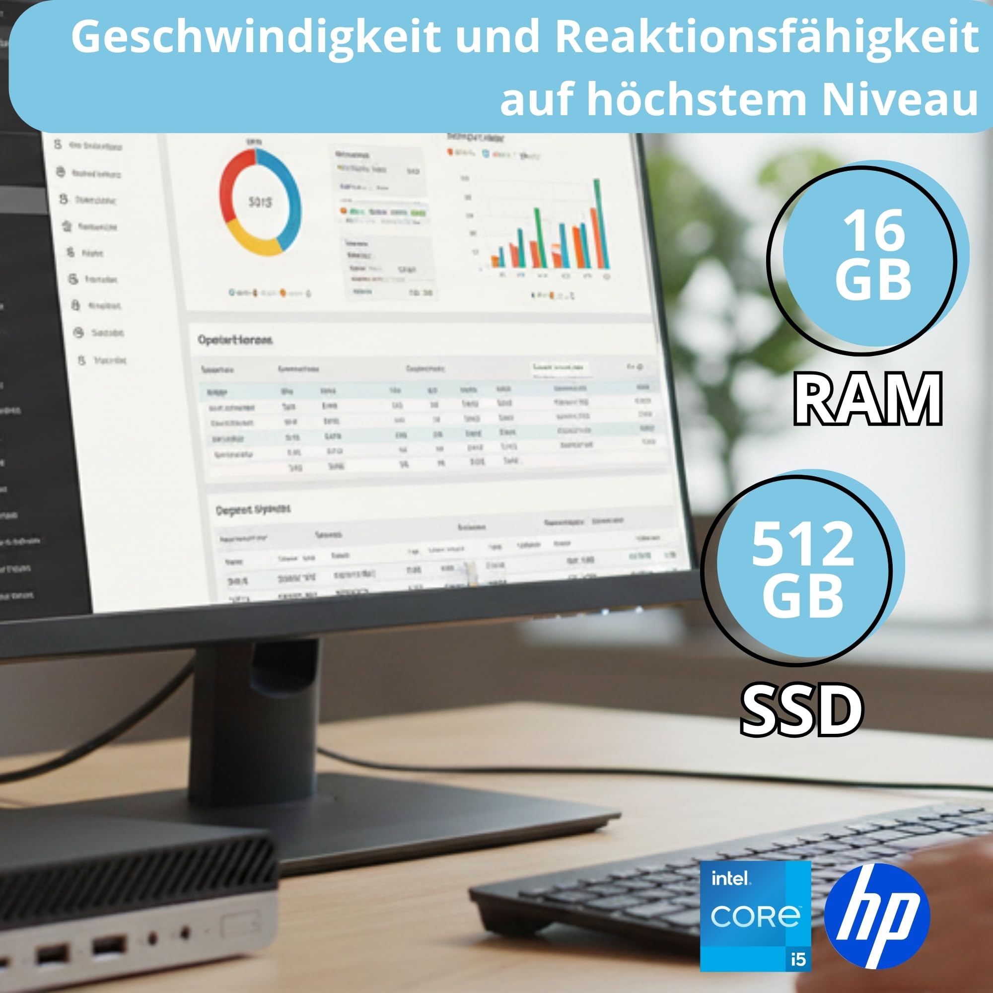 HP Mini-PC für Business und Büro, Intel Core i5-9500T, 16 GB RAM, 512 GB SSD, Windows 11 Pro, Monitor, integrierte Lautsprecher, 36 Monate Garantie
