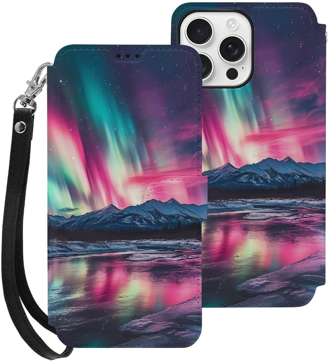 Northern Lights Red Blue Green Compatible with iPhone 16/16 Plus/16 Pro/16 Pro Max/16 E Case Phone Wallet Card Holder Flip Cover with Wrist Strap
