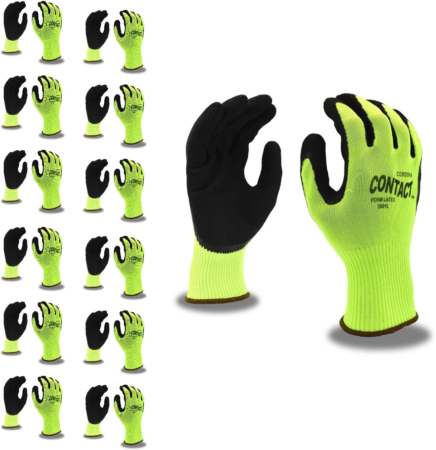 3991L Contact Gloves, 13-Gauge, Hi-Vis Green Nylon Shell, Black Foam Latex Palm Coating, Large, 12-Pack,Blue