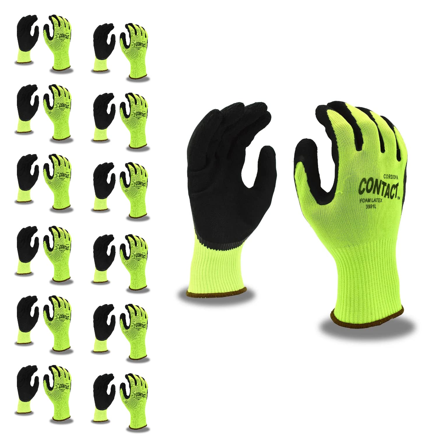 Cordova 3991XL Contact Gloves, 13-Gauge, Hi-Vis Green Nylon Shell, Black Foam Latex Palm Coating, X-Large, 12-Pack Bulk Work Gloves