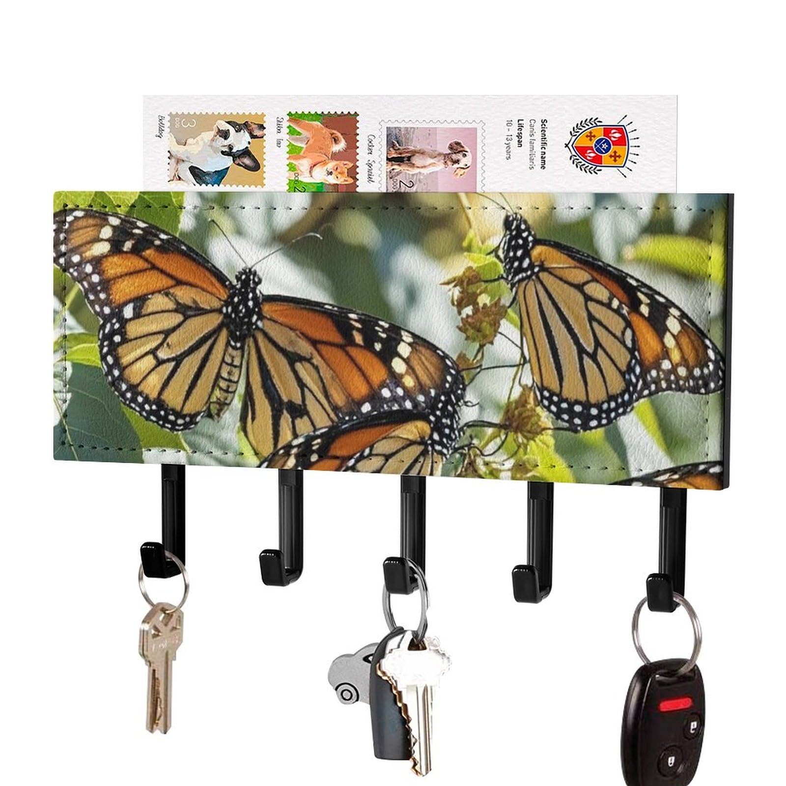 FekiLoot Monarch Butterflies Key Holder Wall Mount Key Hanger with 5 Hooks Decorative Key Rack Hanging Key Hooks with Mail Organizer Key Holder for Wall Living Room Kitchen Bathroom Hallway Black