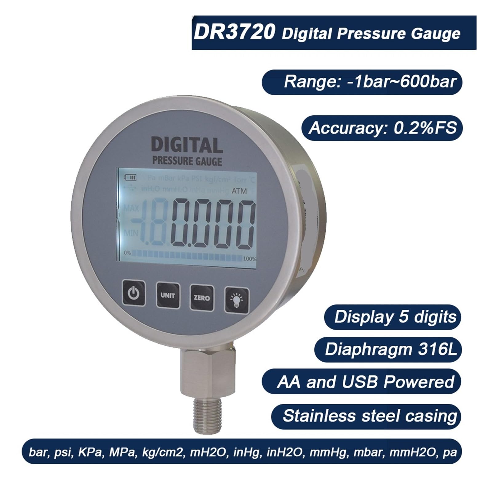 Manómetro digital, precisión 0,2 G1/4 Manómetro industrial de acero inoxidable Herramientas de medición de líquidos(0-4Mpa)