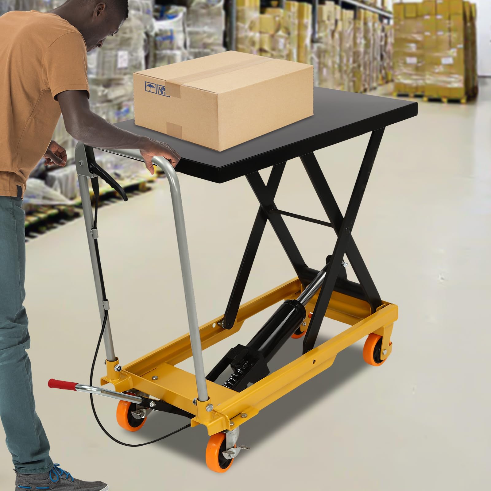 Hydraulic Lift Table Cart, Manual Lift Table with 4 Wheels for Material Handling and Transportation, 500 lbs Capacity, 28.5