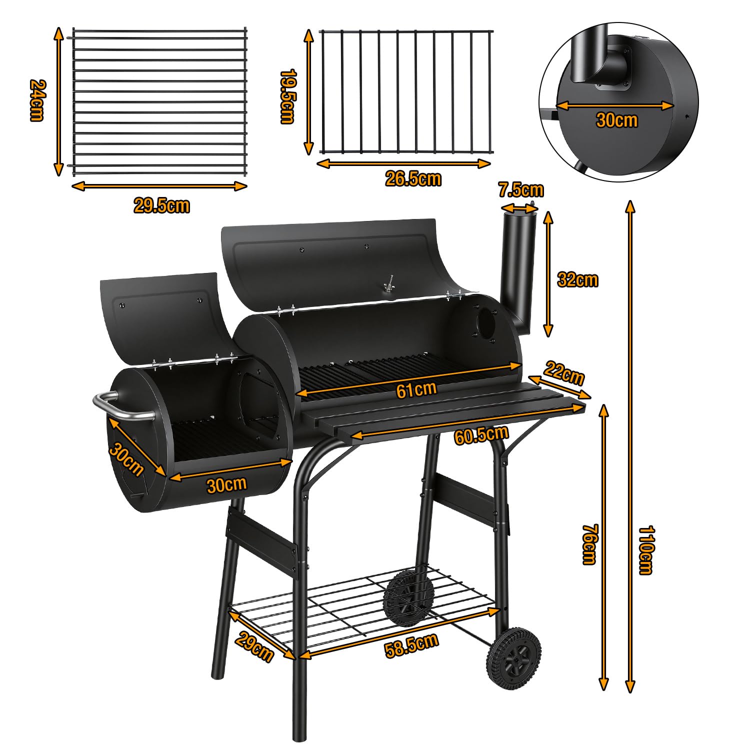 Grill na węgiel drzewny z 2 komorami do grillowania, termometrem i regulowanym kominkiem, na kółkach, półkami, do bezpośredniego grillowania, pośredniego gotowania, utrzymywania ciepła i