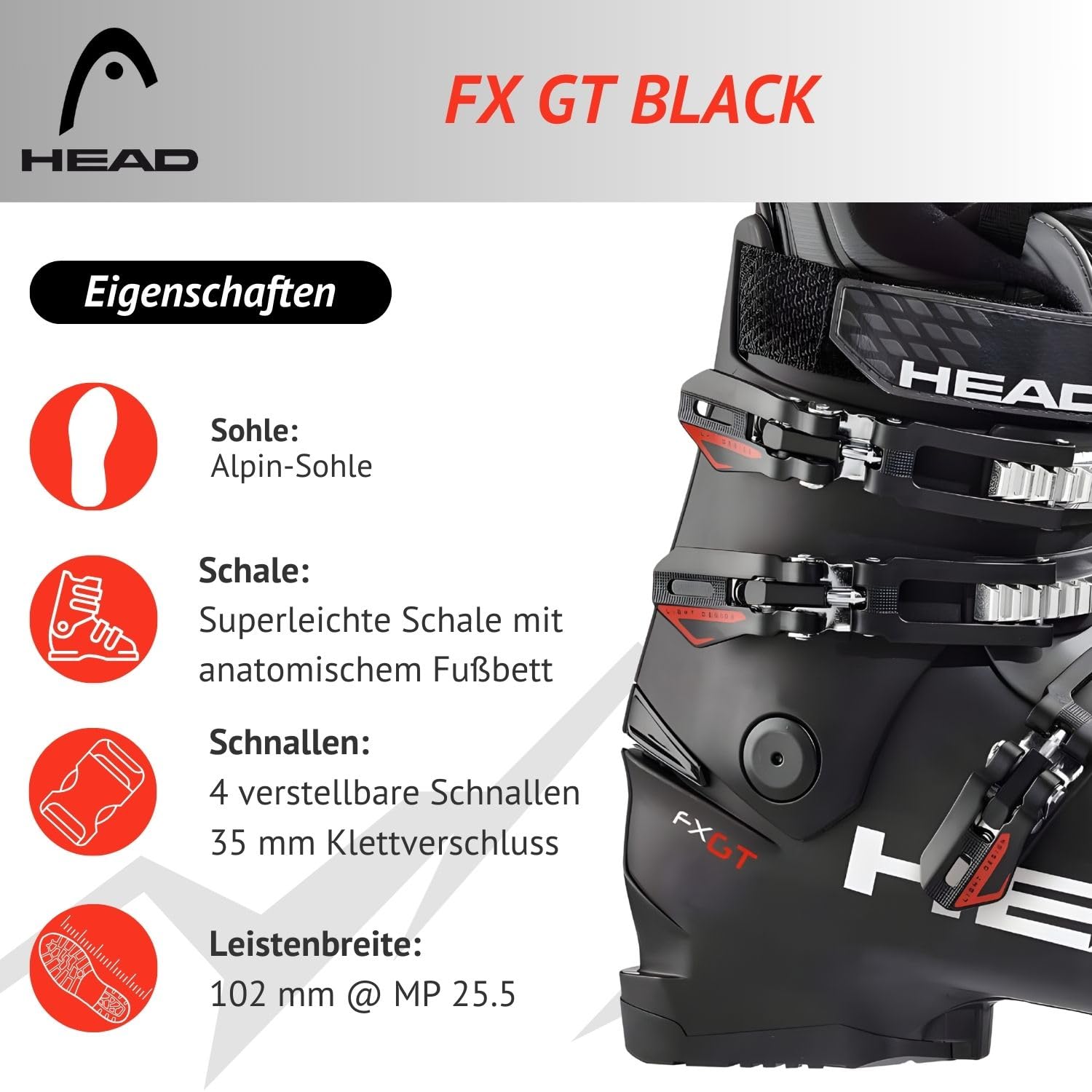 HEAD FX GT - Scarponi da sci da donna per uomo e donna, Flex 60-70 (uomo) Flex 50 (donna), vestibilità ampia e confortevole, per piloti avanzati e buoni