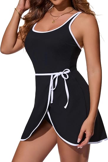 Tummy Control Swim Dress Ribbed Slimming One Piece Swimsuits for Women Tie Knot Wrap Skirted Bathing Suit