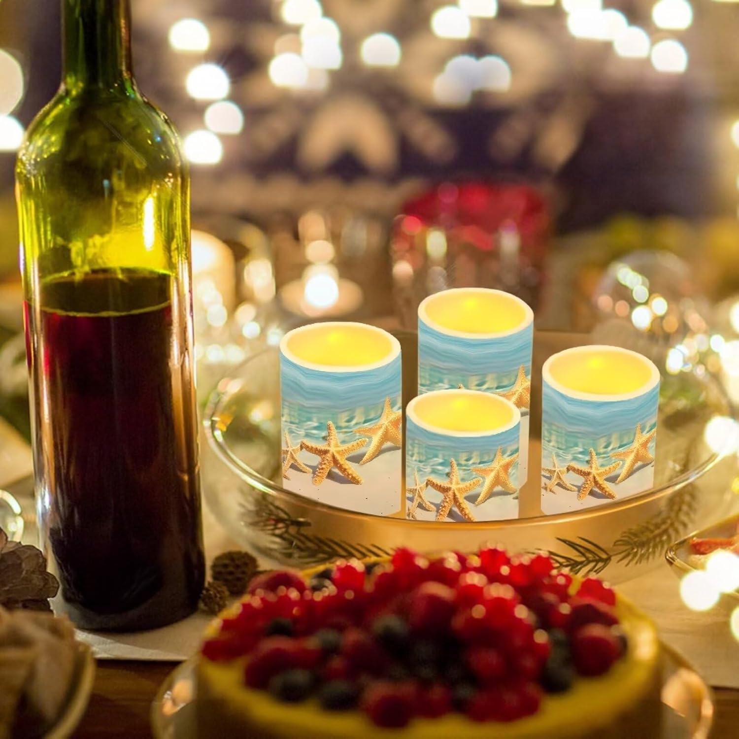 Battery Operated Tea Lights Candles with Timer, Flickering Flameless LED Pillar Color Changing Candles with Remote for Beach Coastal Decor Beach Starfish Blue, Set of 4