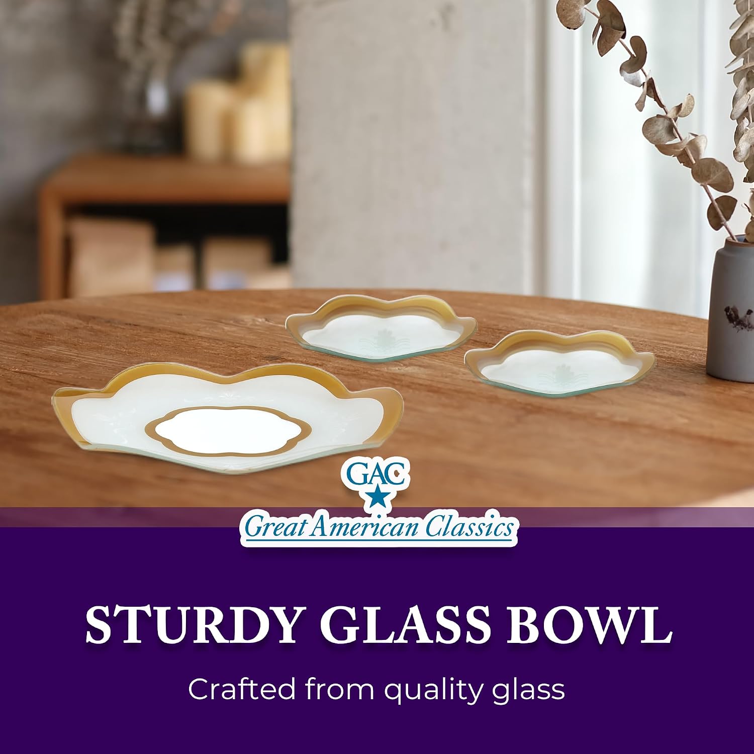 GAC Scalloped Tempered Glass Dessert Plates and Platters - Elegant Dinnerware & Decorative Plates with Gold Trim, Ideal for Serving Food, Special Occasions, and Presents - Set of 3