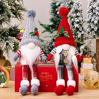 JOYWU Christmas Gnomes Decorations,2 Pcs Handmade Mr and Mrs Christmas Elf Gonk Dwarf Ornament,Swedish Tomte Plush Gnomes for Table Tiered Tray,Xmas Faceless Dolls,Xmas Sante Elf Figurines (Long Leg)