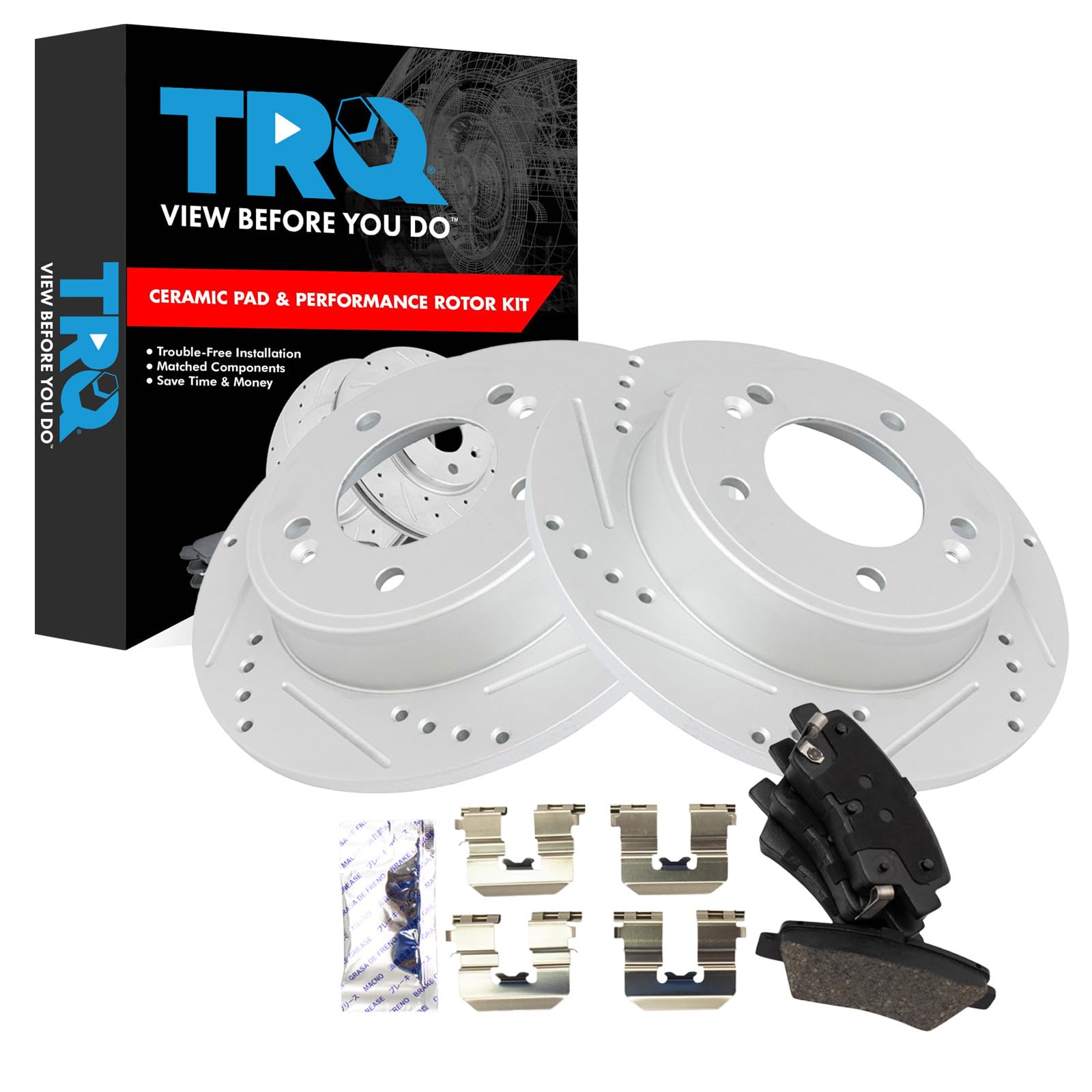 TRQ Performance Rear Brake Pad and Rotor Set Ceramic Drilled Slotted G Coated Rotors Compatible with 2017-2020 Hyundai Elantra 2020-2022 Venue 2020-2022 Kia Soul