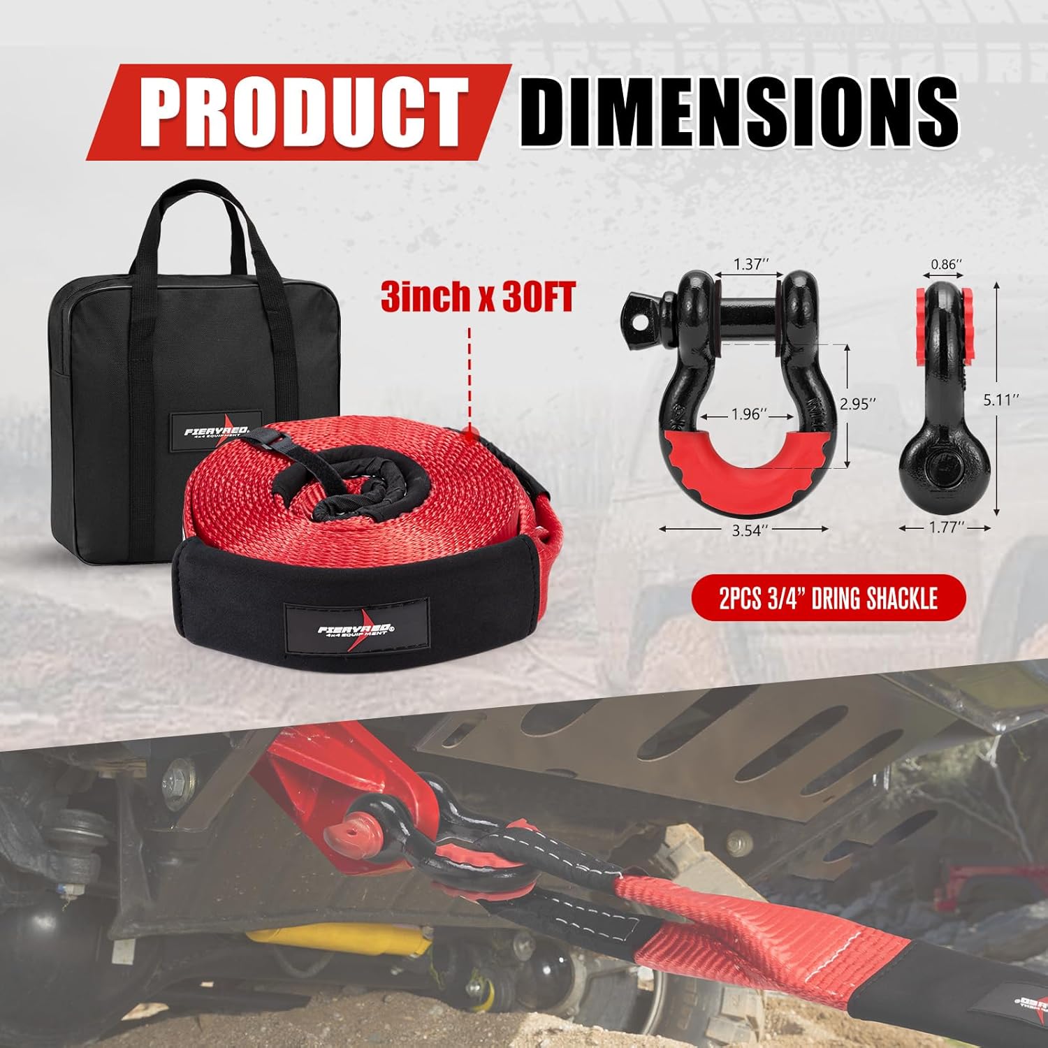 FieryRed 3”x 30FT Tow Straps Recovery Kit with D Ring Shackles, 35000lb Break Strength Recovery Straps Heavy Duty with Loops, Emergency Off Road Towing Rope & Winch Extension