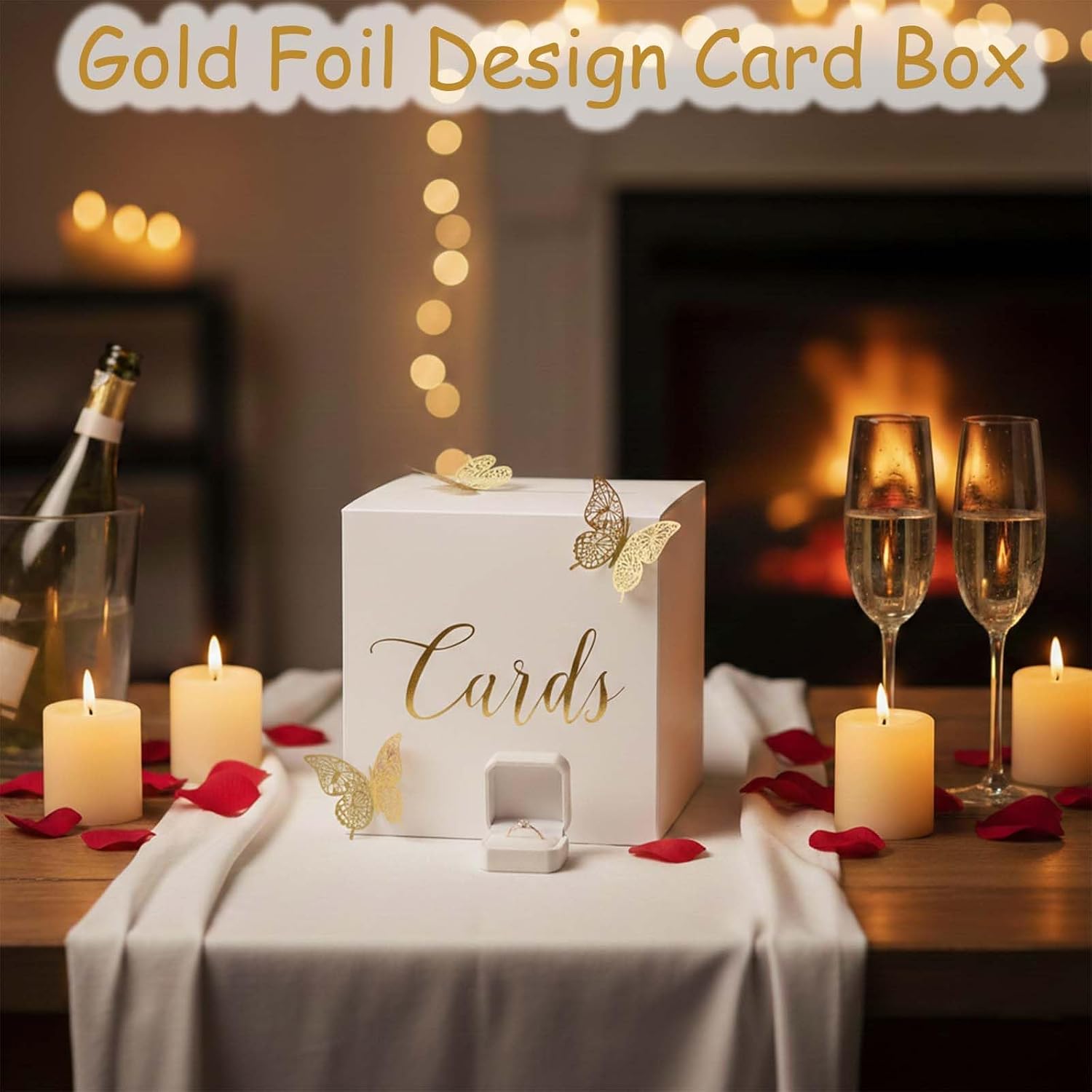 Elegant Gold Foil Card Box - 8.7" White Paperboard Gift & Card Holder for Weddings, Birthdays, Showers, Graduation, Anniversary, Raffle or Money Collection Box, Sturdy & Reusable