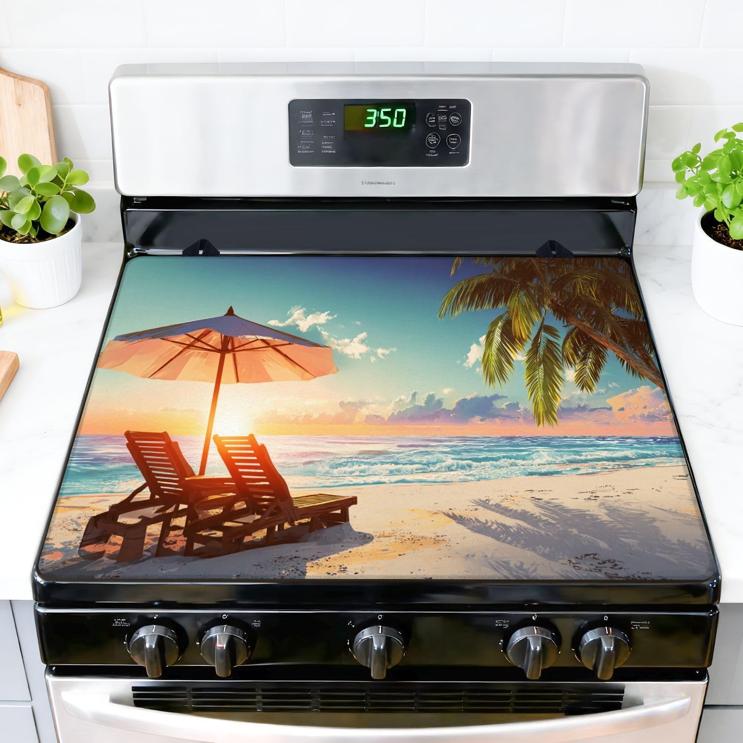 Stove Top Covers for Electric Stove Watercolor owl little rabbits wild herbs flowers seamless cute Glass Cooktop Burner Covers Heat Resistant Protector Kitchen Decor Keep Stove Clean 28''x20''