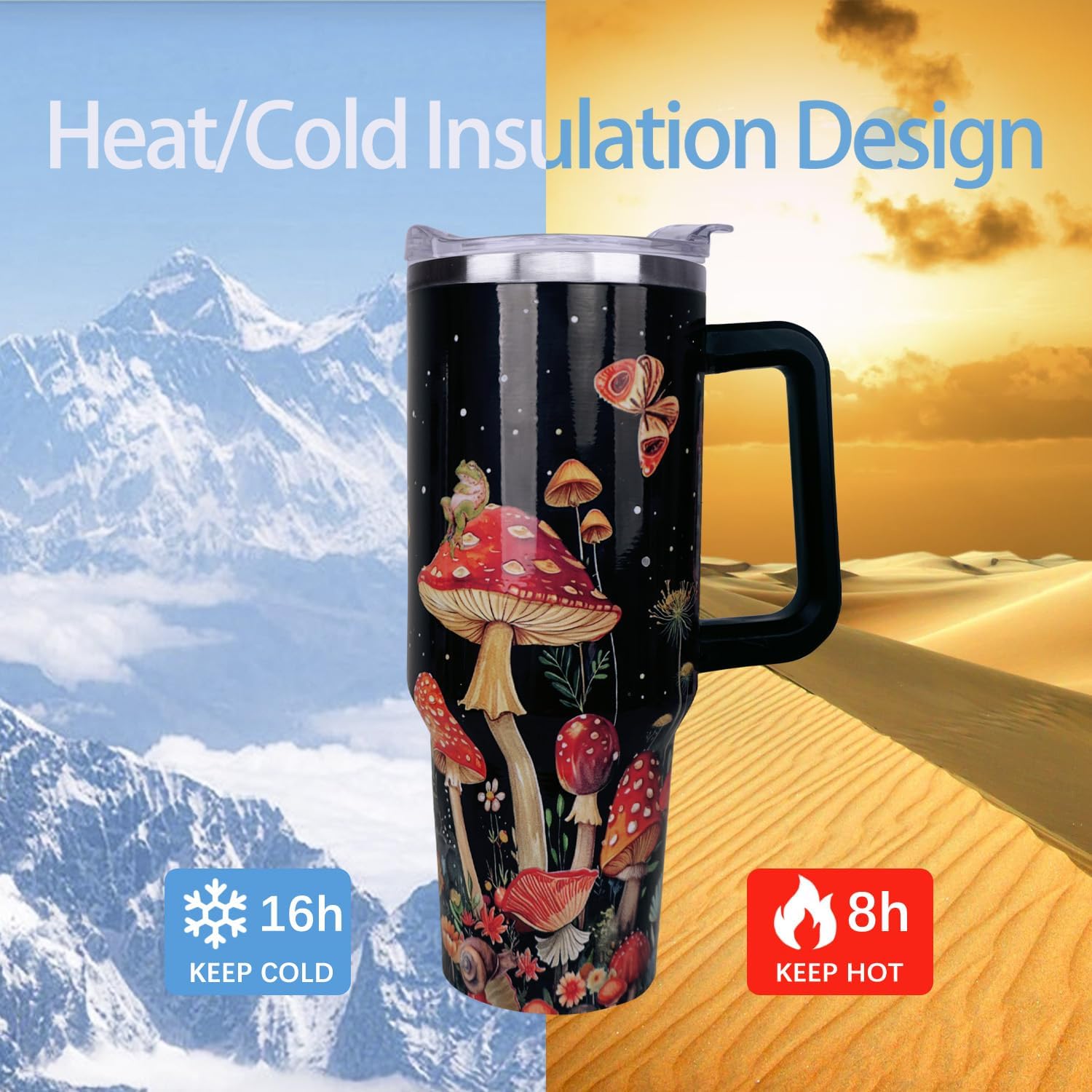 40oz Mushroom Tumbler with Handle Mushroom Gifts for Women Insulated Leak Proof Travel Coffee Mug, Reusable Stainless Steel Tumblers - Image 4