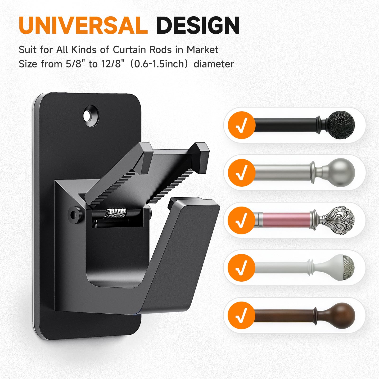 Universal Curtain Rod Holders, No Drill Curtain Rod Brackets, Self 3M Adhesive Curtain Rod Brackets Up to 30 LB, Nail Free Curtain Rod Hooks for Bathroom, Bedroom, Livingroom, Kitchen (4PC, Black)