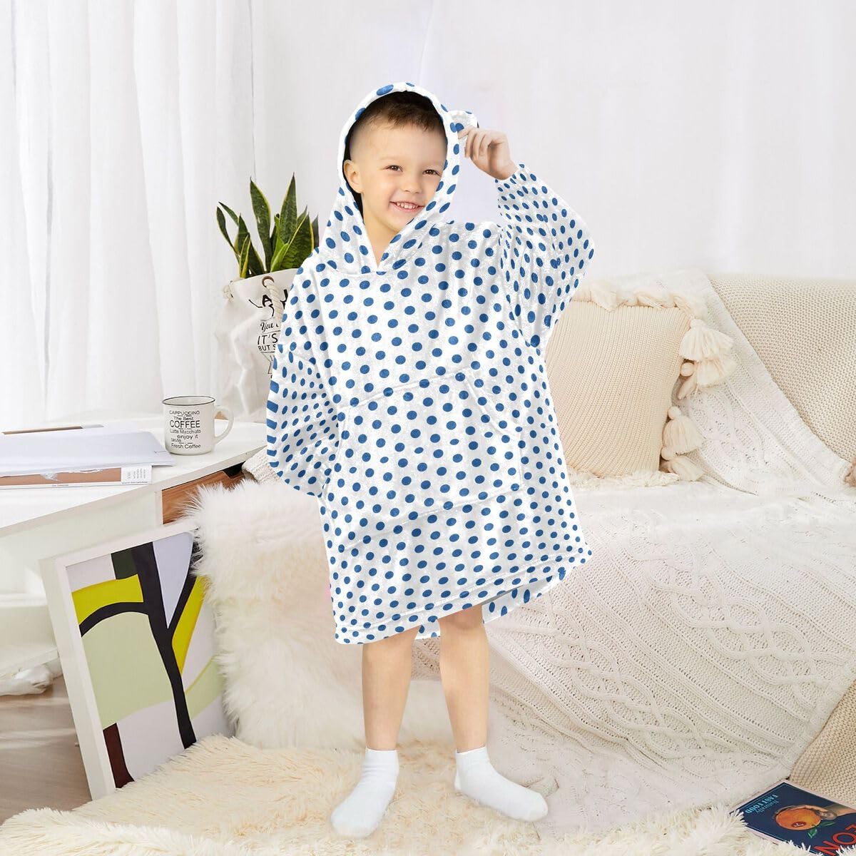 Niebieskie kropki dziecięcy koc do noszenia z kapturem oversize bluza koc sweter geometryczne kropki dla chłopców i dziewcząt w wieku 3-14 lat