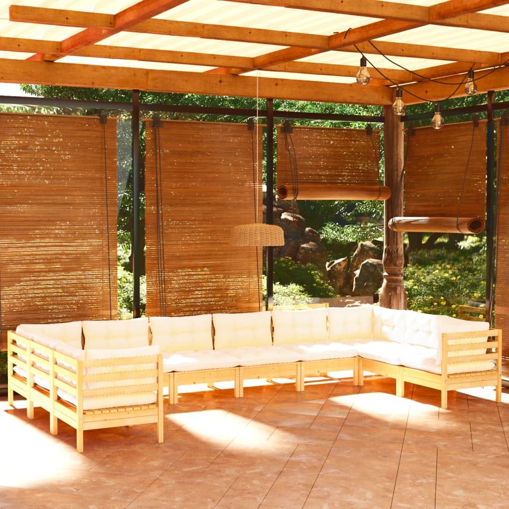Juego de 10 muebles de jardín de madera de pino macizo con cojines color crema, muebles modulares de patio que soportan hasta 110 kg por asiento