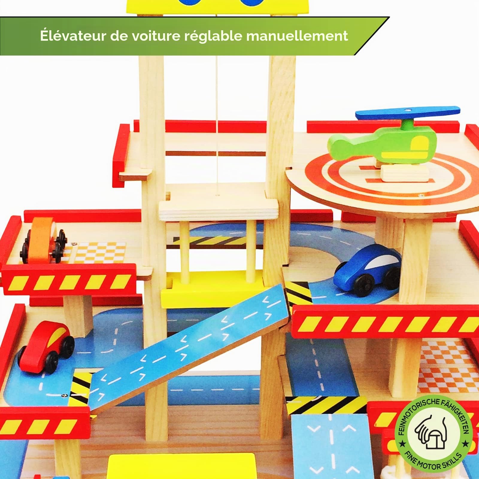 Maison DE Parking pour Enfants de Balinco, Garage à 3 étages, Ascenseur, billetterie, Station de Lavage, Station-Service, 4 Voitures, hélicoptère - Jouets en Bois dès 3 Ans