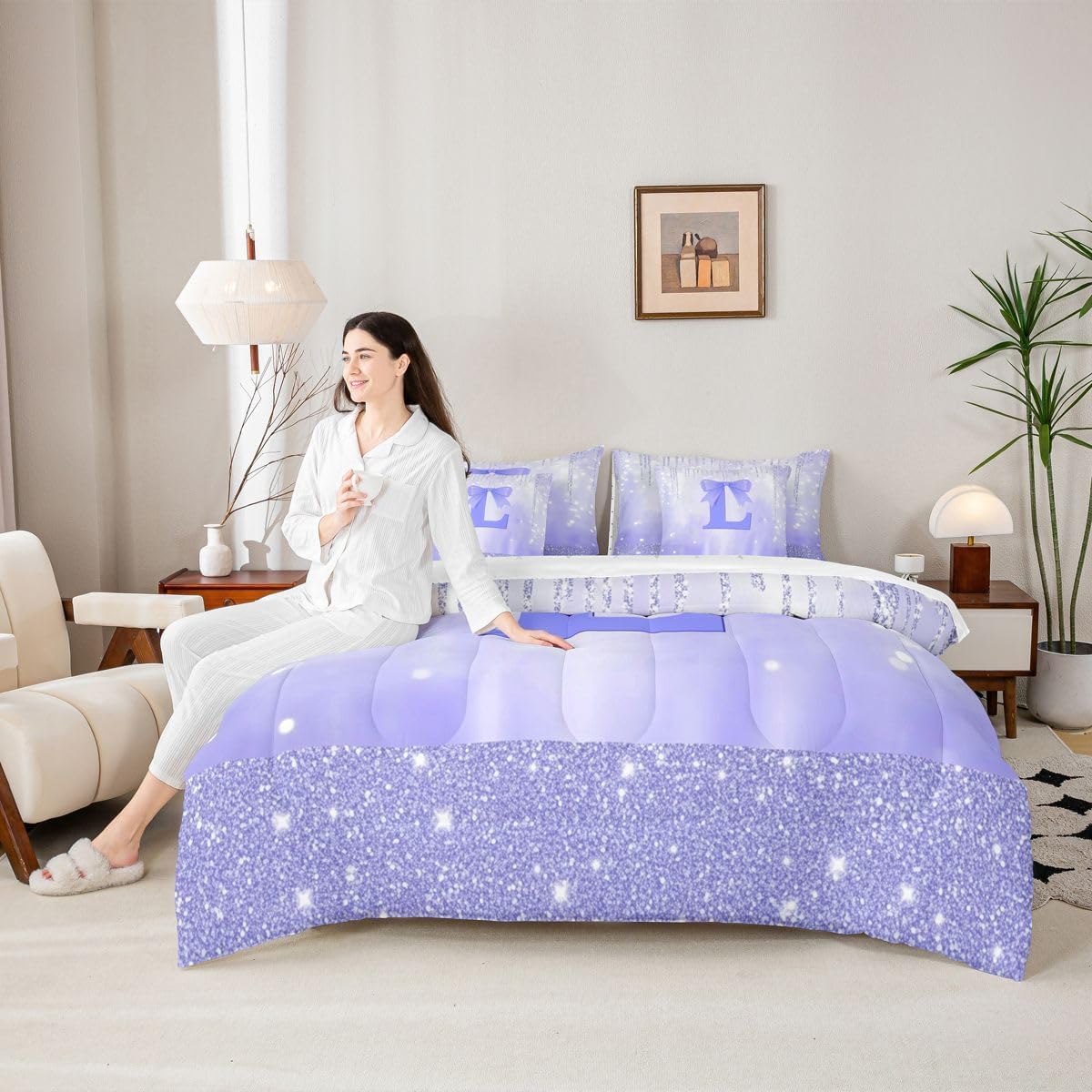 Feelyou Purple Bowknot Comforter Set Full Size 7 Pieces Initial Letter L Bedding Set Kids Boys Girls Princess Glitter Bed in a Bag with Comforter, Sheets, Pillowcases, Cushion Covers Bow Alphabet