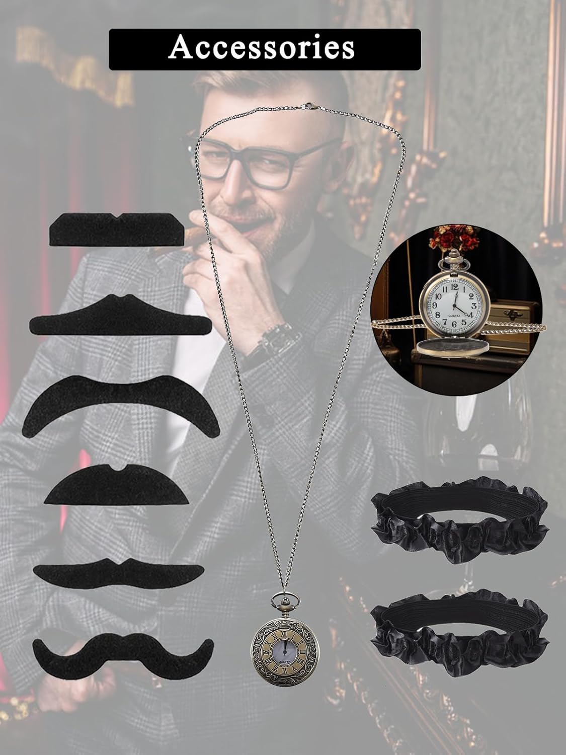 Roaring 20s Costumes for Men,1920s Mens Costume,Gatsby Gangster Vest Fedora Hat Pocket Watch Tie - Image 5