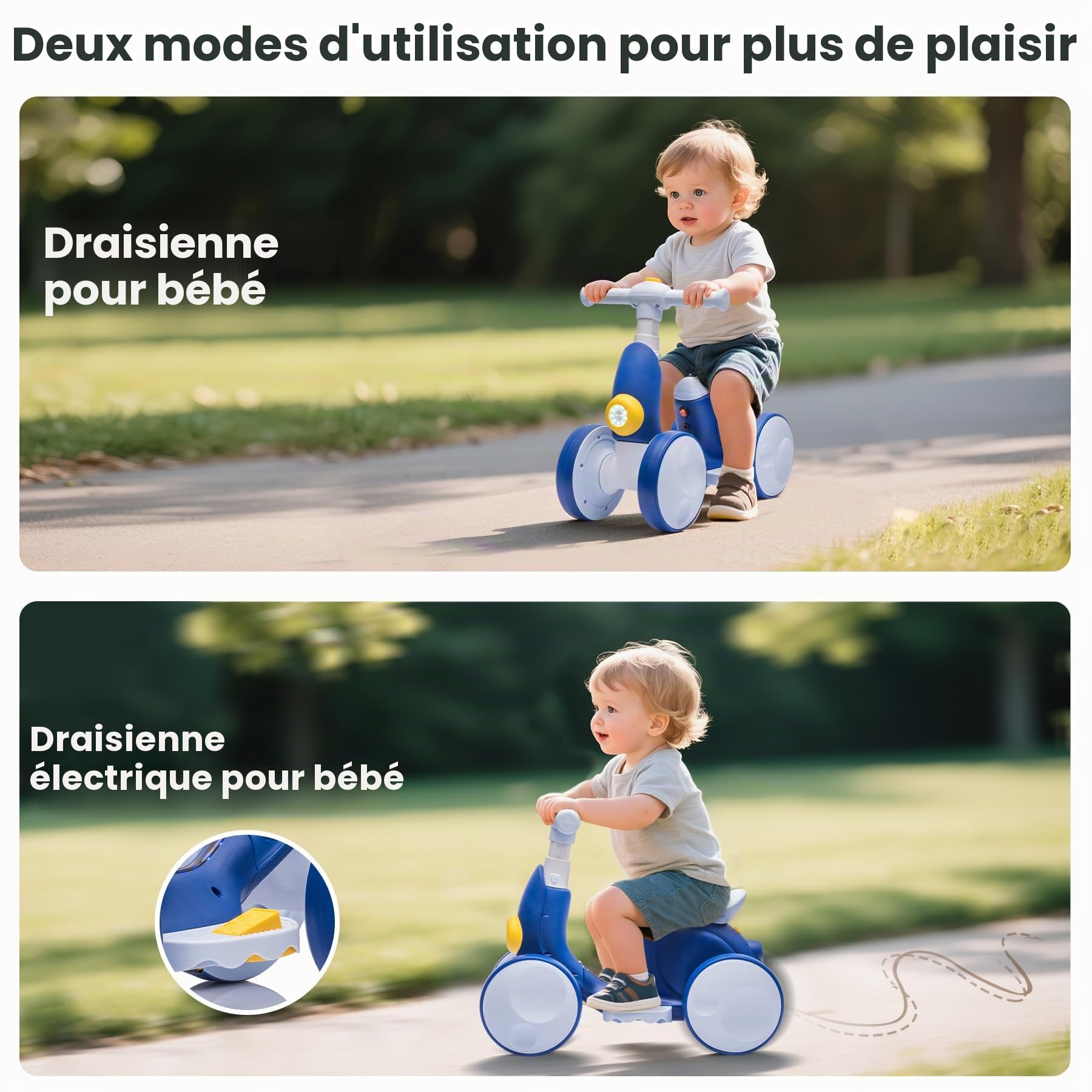 Draisienne Bebe Électrique avec Machine à Bulles pour 1.5-4 Ans, Vélo d'équilibre pour Garçons et Filles avec Musique, Lumières LED, Cadeau pour Anniversaire, Noël, Bleu-Blanc